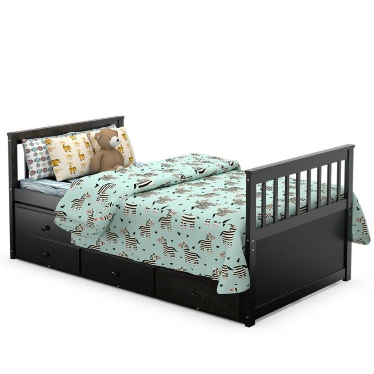 Twin Captains Bed with Pull Out Trundle and 3 Storage Drawers - Dark Brown Mocha