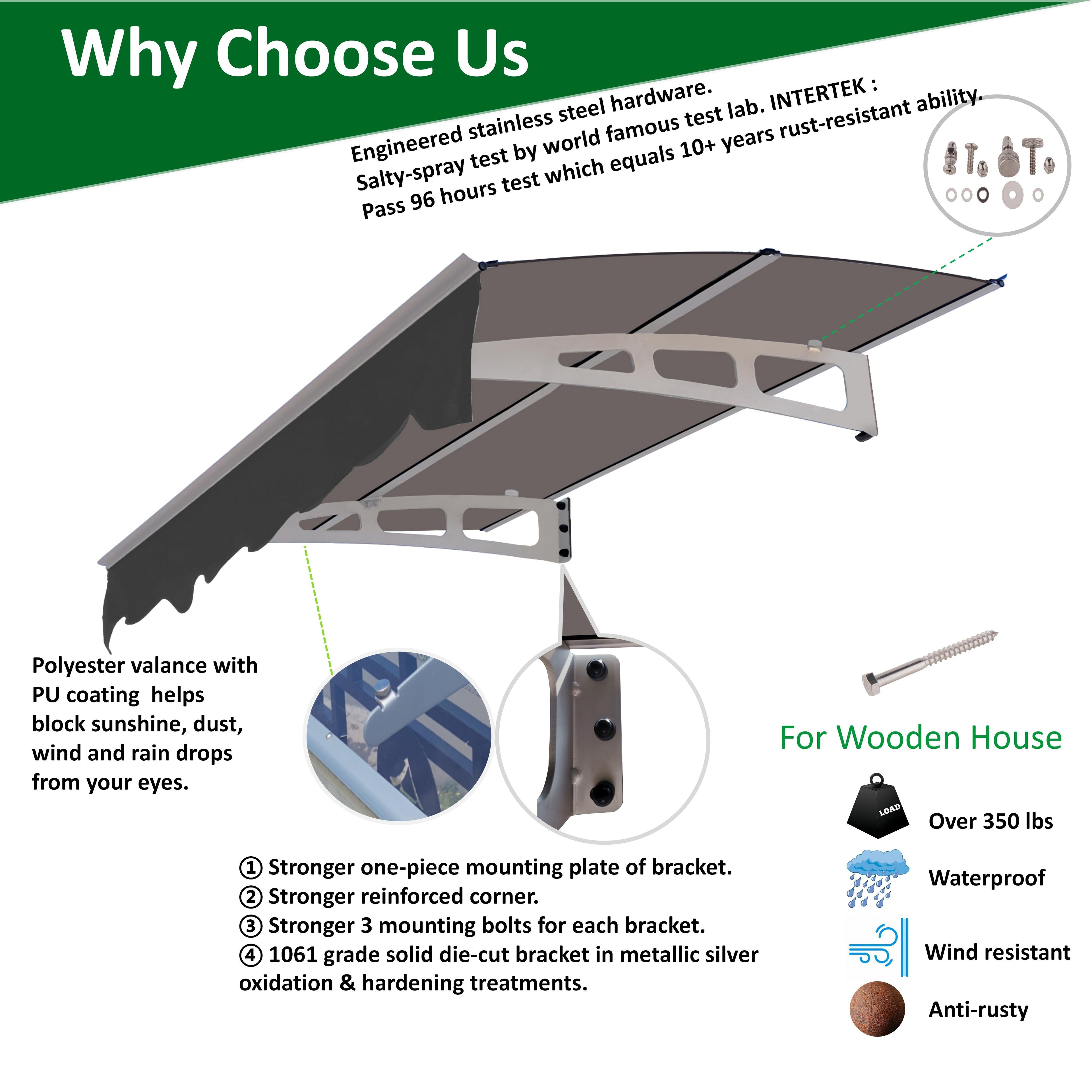 DA5934W Series Door Window Awning Canopy Made of 0.137 Inch Thick Crystal Solid Polycarbonate Sheet in size of 59" Wide x 34"