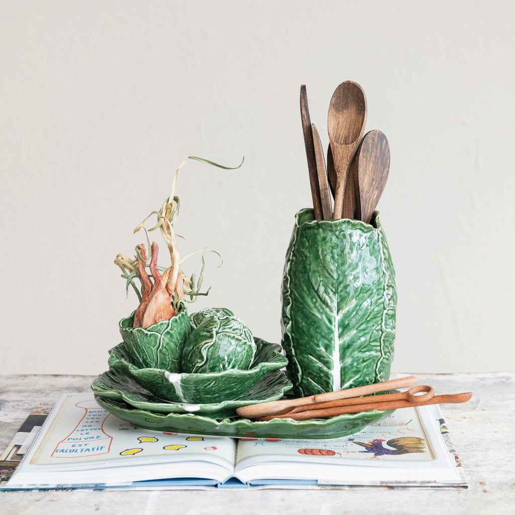 Hand-Painted Green Cabbage Shaped Stoneware Plate