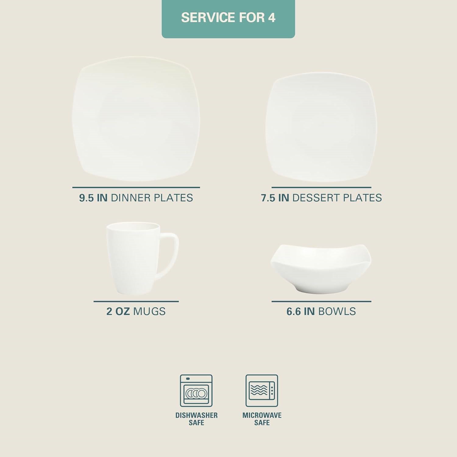 16 Pieces - White Square Porcelain Dinnerware Set - Service for 4