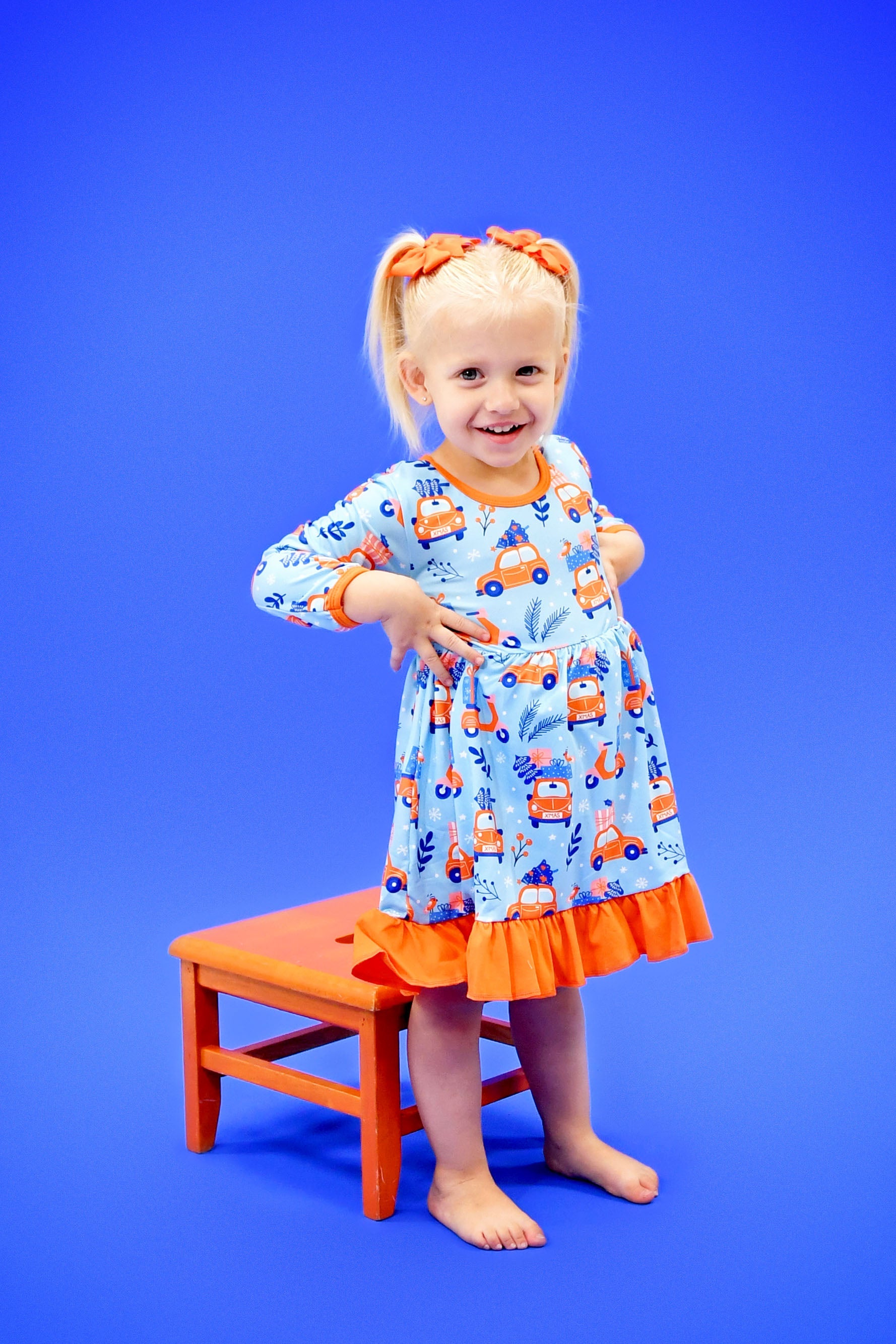 Christmas Car Long Sleeve Ruffle Milk Silk Dress