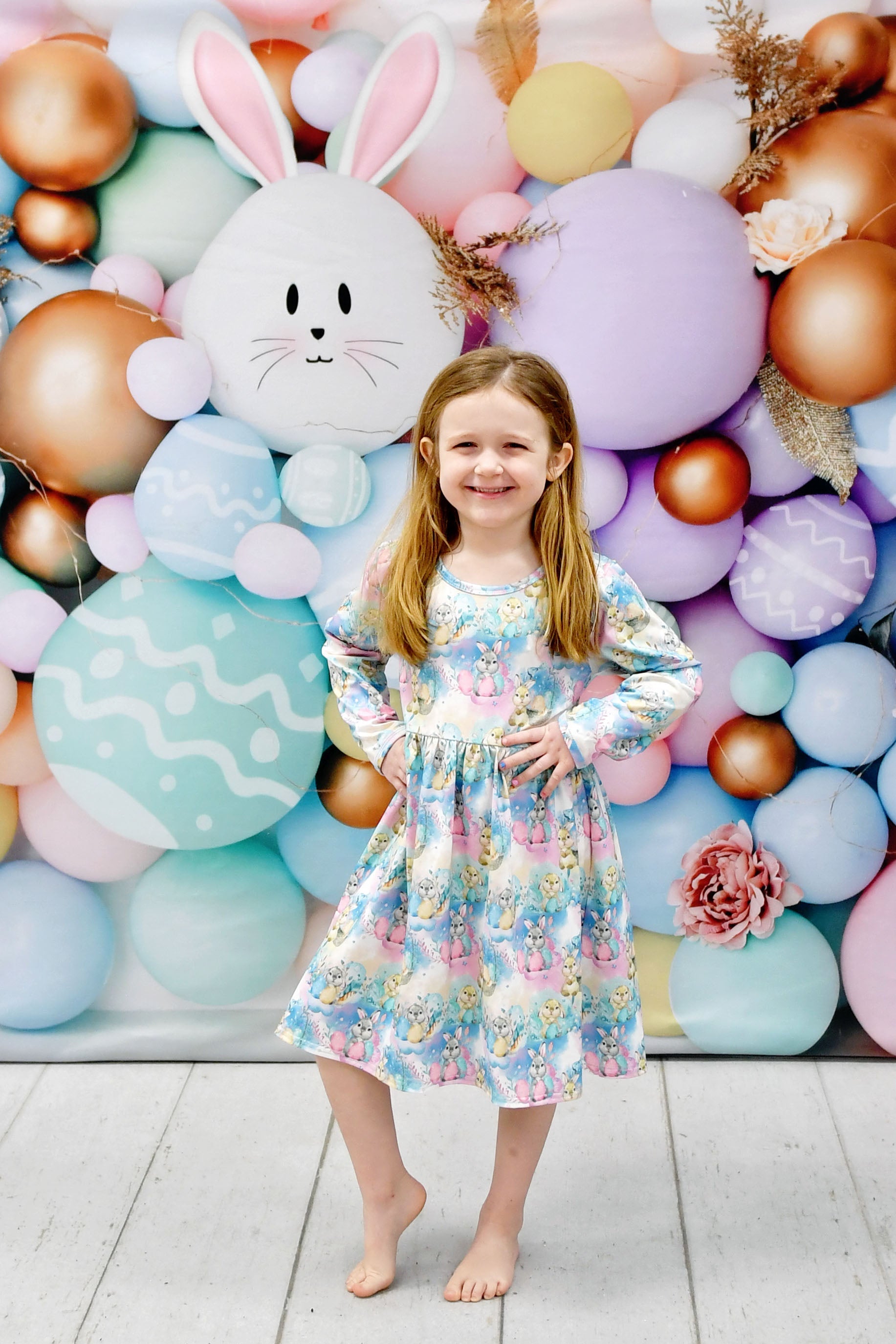 Pastel Bunnies Long Sleeve Milk Silk Dress