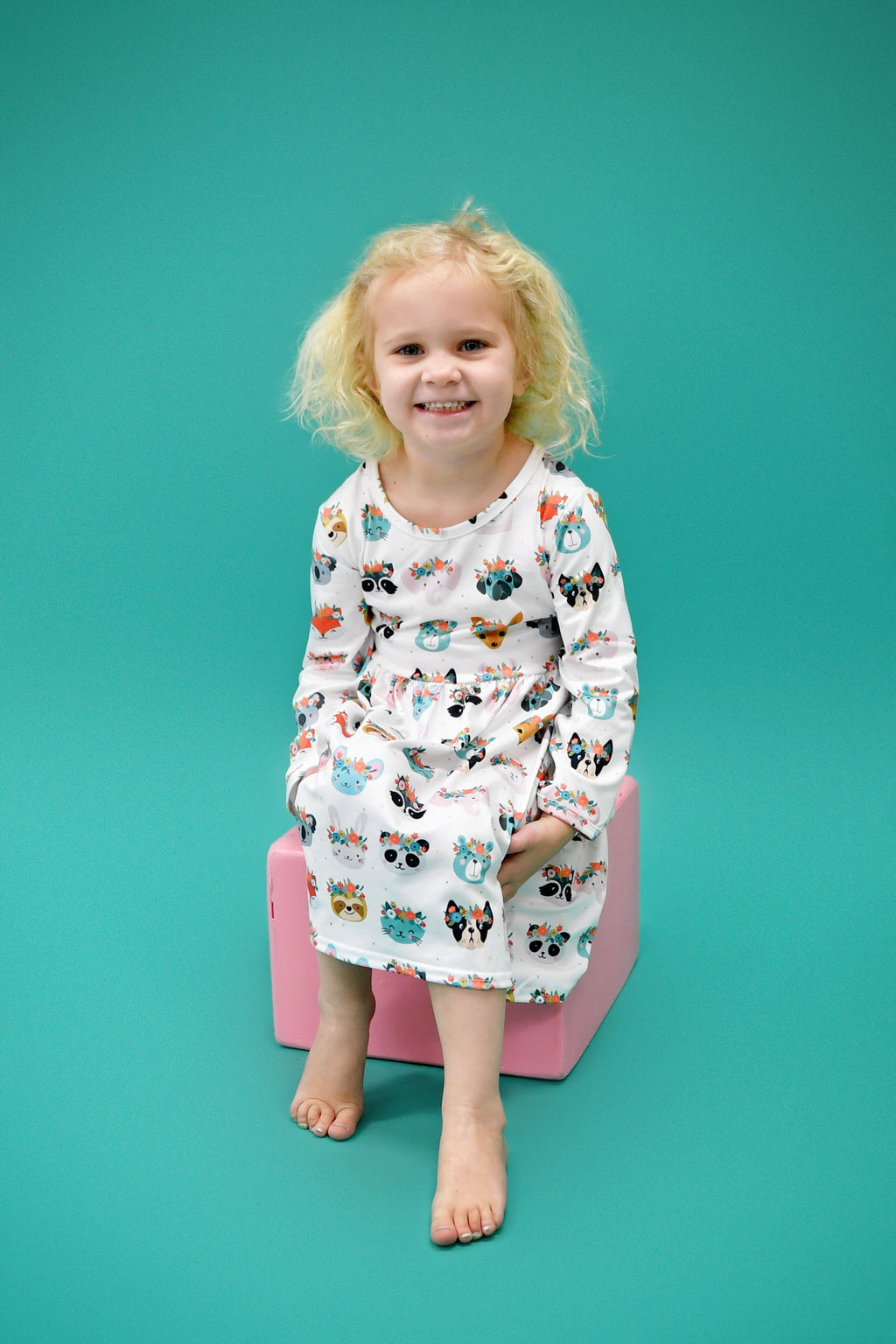 Flower Crown Critters Long Sleeve Milk Silk Dress