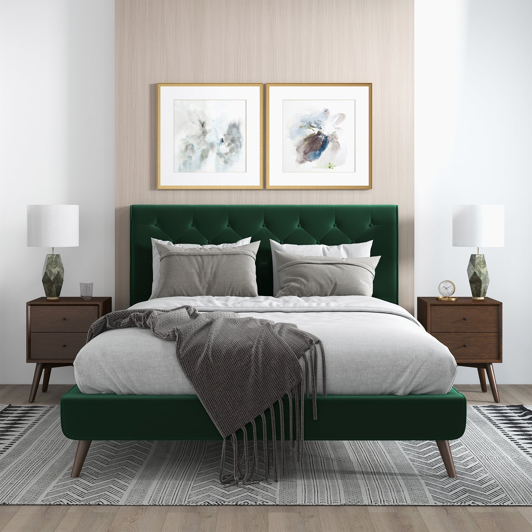 Dillon  Dark Green Velvet Platform Bed (Queen Size) – Premium Upholste
