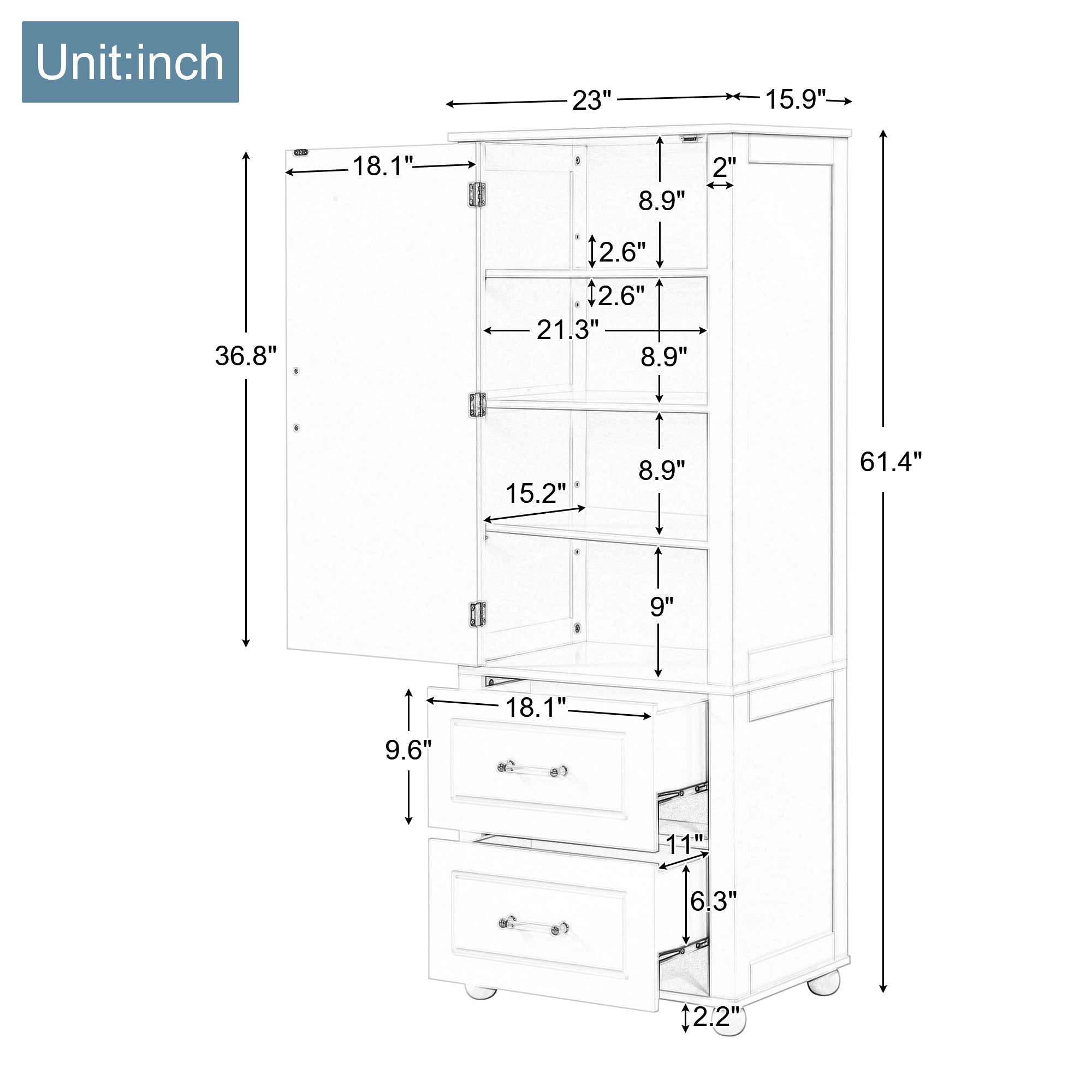 Tall Bathroom Storage Cabinet, Freestanding Storage Cabinet with Two Drawers and Adjustable Shelf, MDF Board , Grey