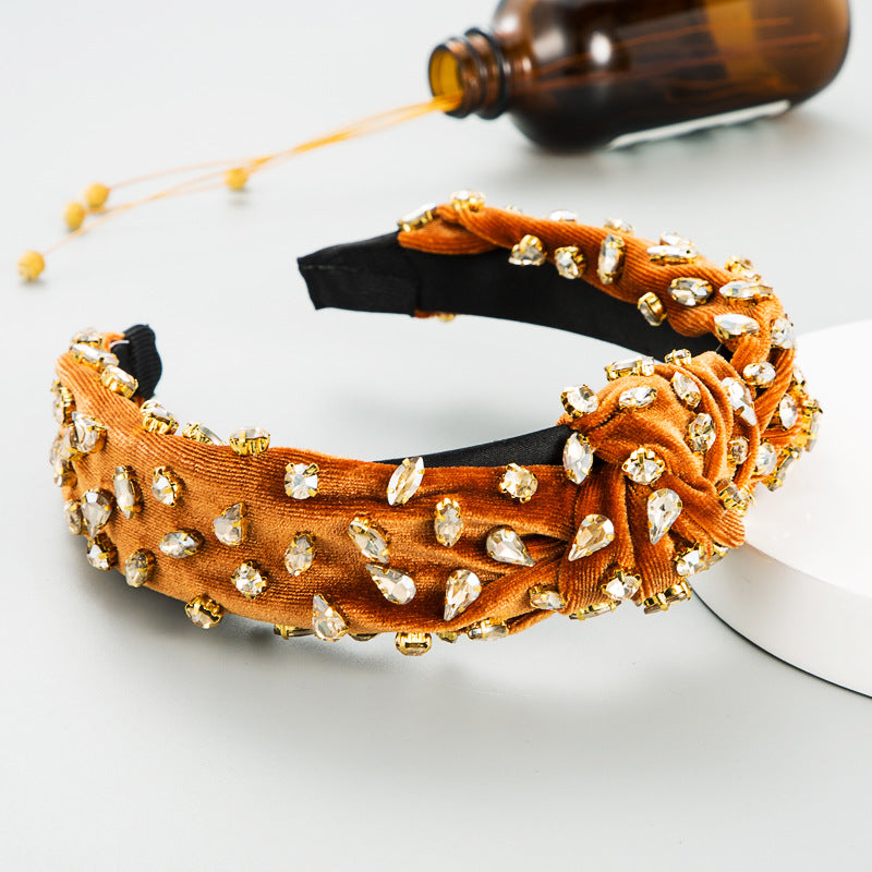 Exaggerated Fashion Hair Bands Female Corduroy Temperament Sweet Hair Ornaments Wide Side Knotted With Diamonds Headband