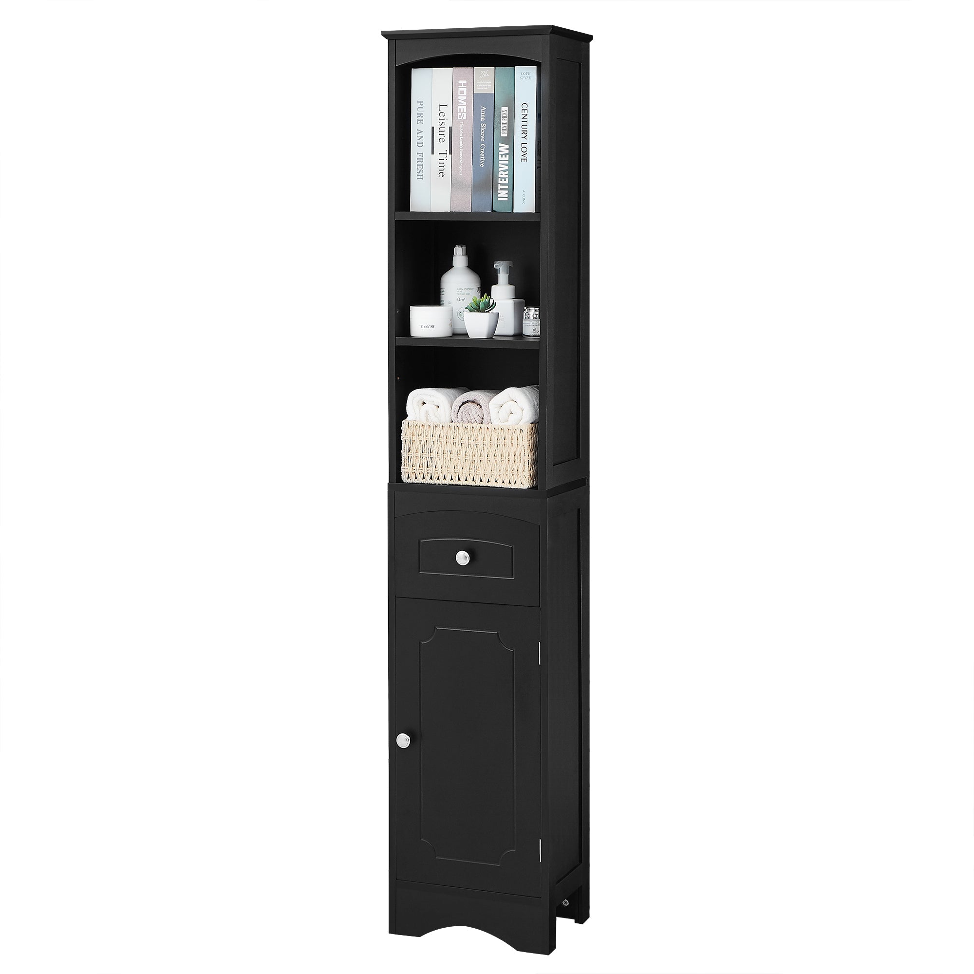 Tall Bathroom Cabinet, Freestanding Storage Cabinet with Drawer, MDF Board, Adjustable Shelf, Black