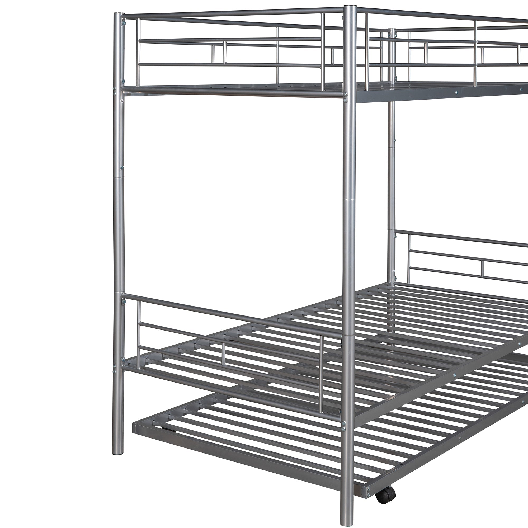 Twin-Over-Twin Metal Bunk Bed With Trundle Can be Divided into two beds No Box Spring needed White