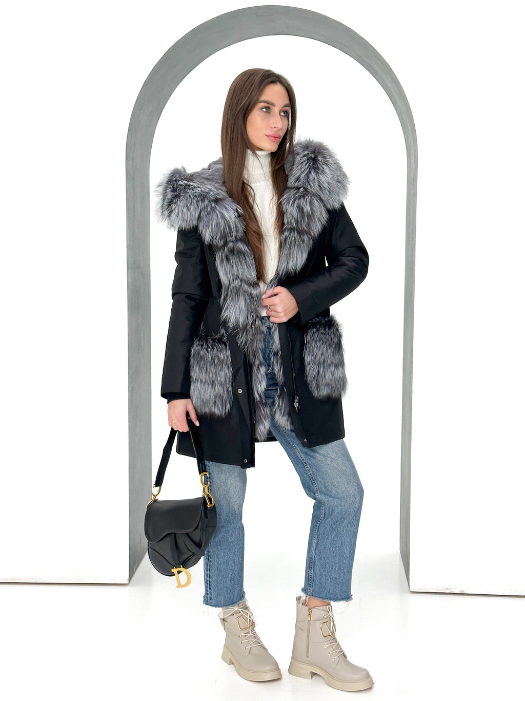 Genuine Silver Fox Fur Rabbit Fur Insulated Parka