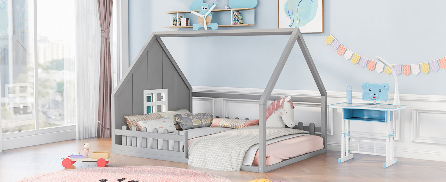Full Size Wood House Bed with Window and Fence  Gray