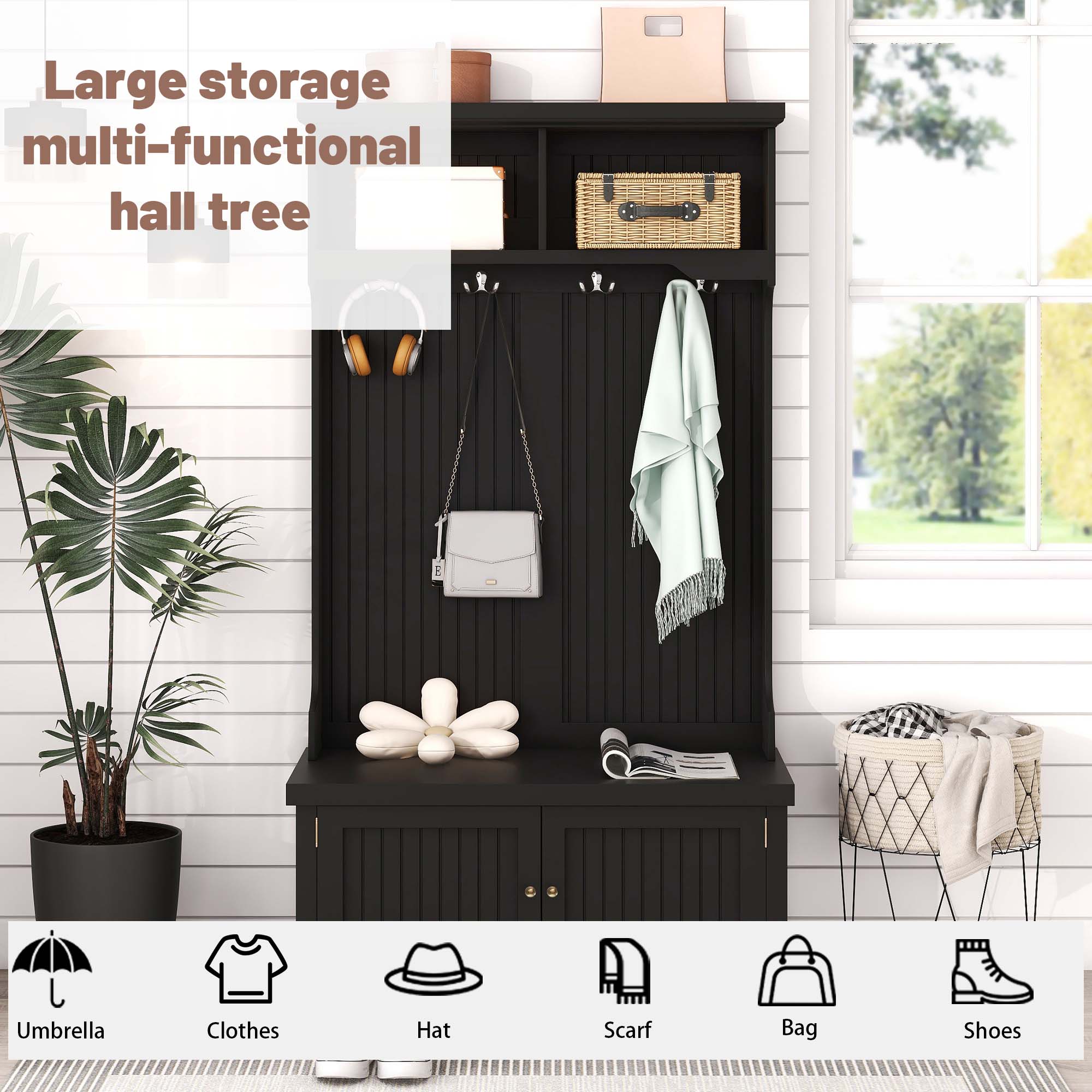 Hall Tree with Storage Shoe Bench for Entryway and Hallway 4-in-1 Design Coat Racks with 4 Hooks for Living Room Black