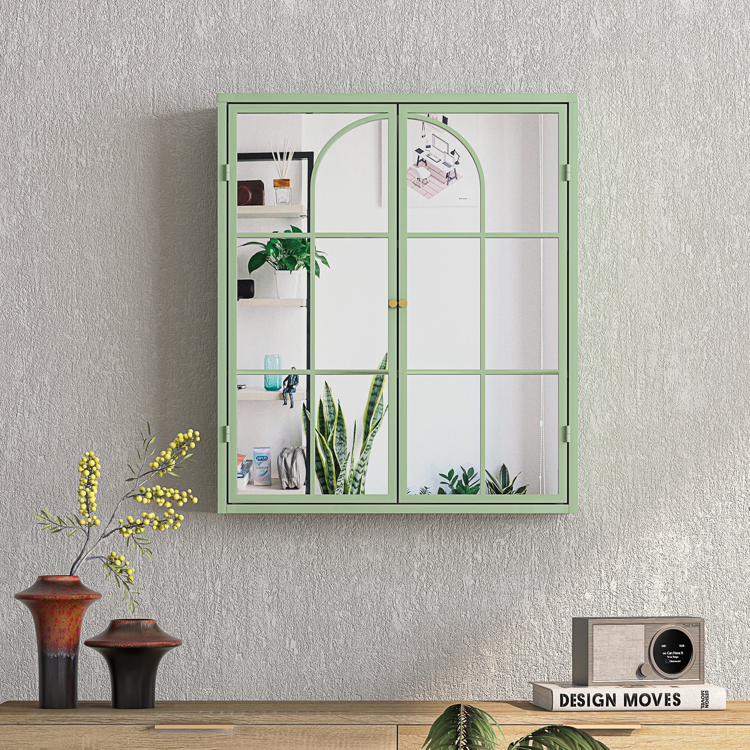 23.62 "Vintage Two Door Wall Cabinet with Mirror Three-level Entrance Storage Space Green