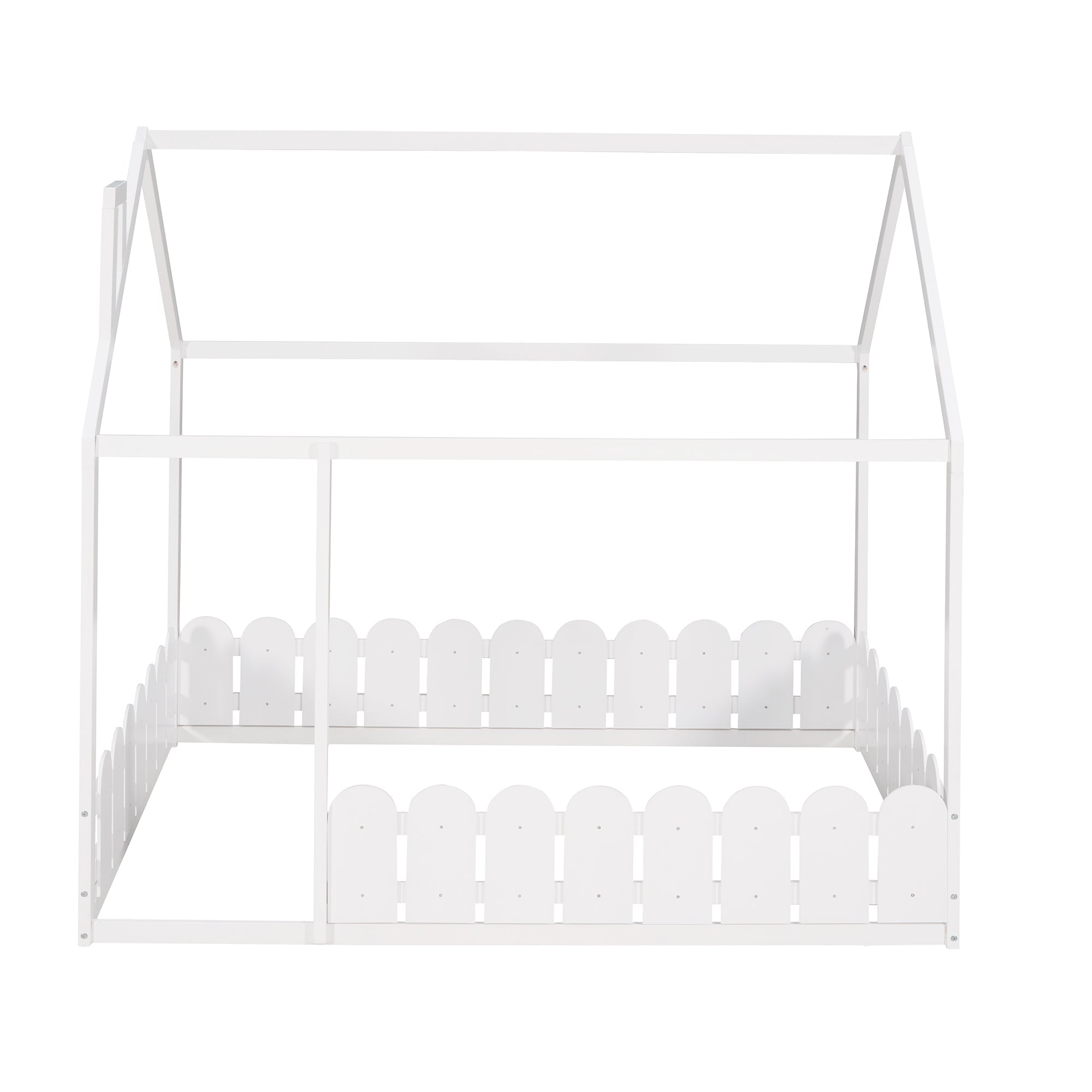 (Slats are not included) Full Size Wood Bed House Bed Frame with Fence for Kids Teens Girls Boys (White )