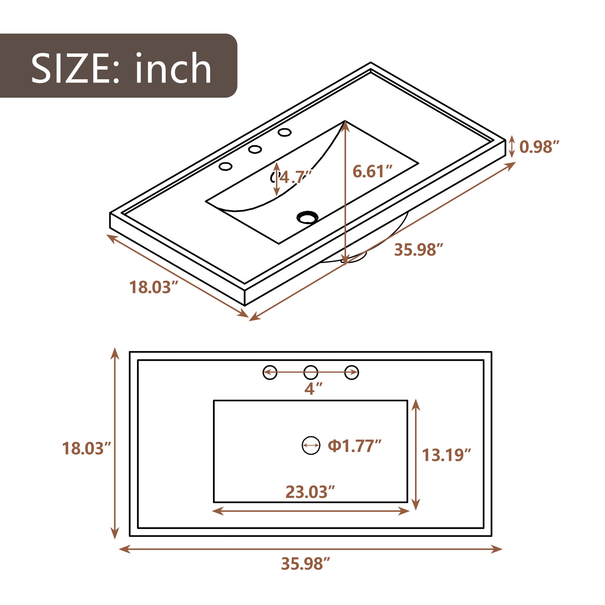 36" Single Bathroom Vanity Top with White Basin  3-Faucet Holes Ceramic  White