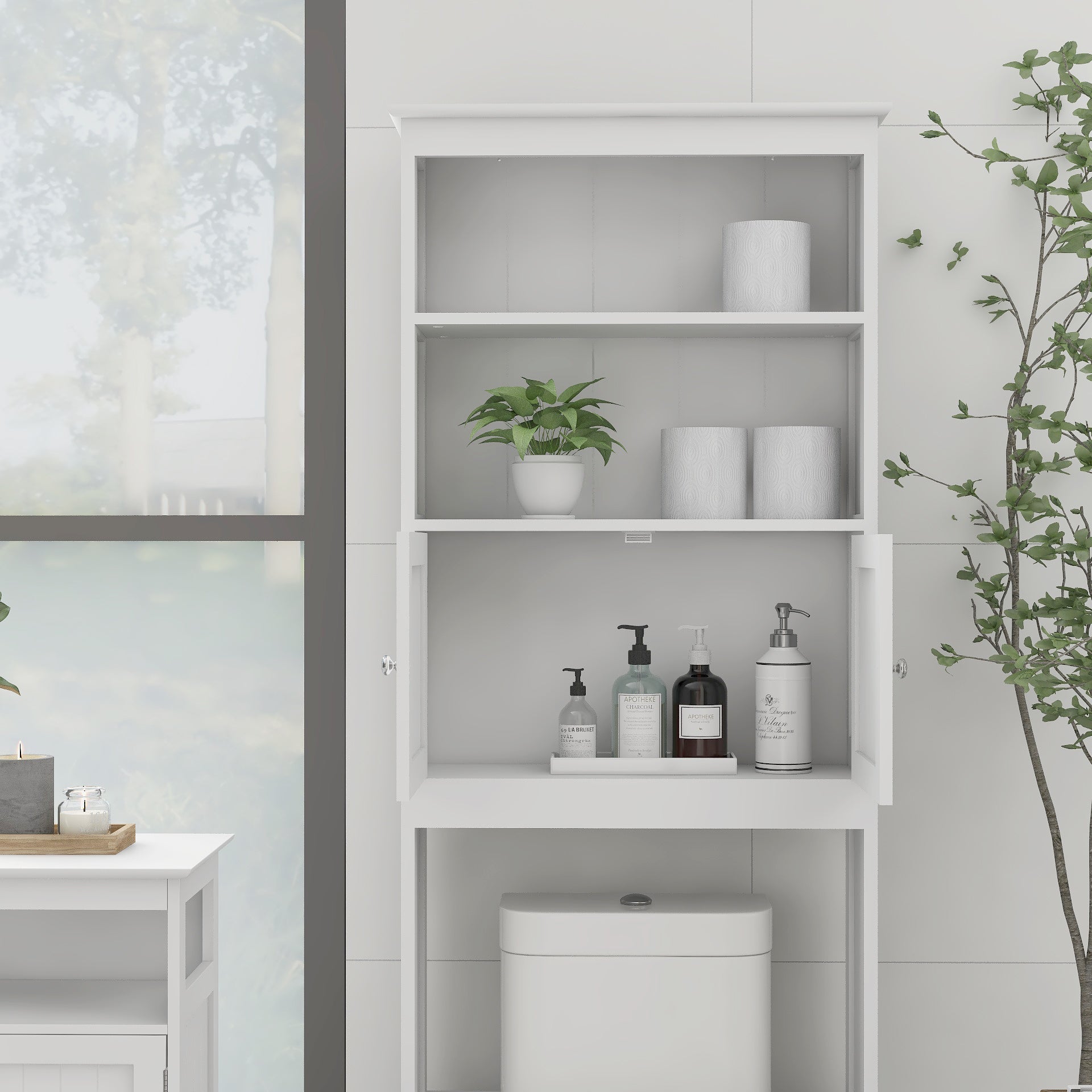 Over The Toilet Rack 2 -Tier Toilet Bathroom Spacesaver Storage Shelf with 2 Doors Wood Storage Organizer Cabinet