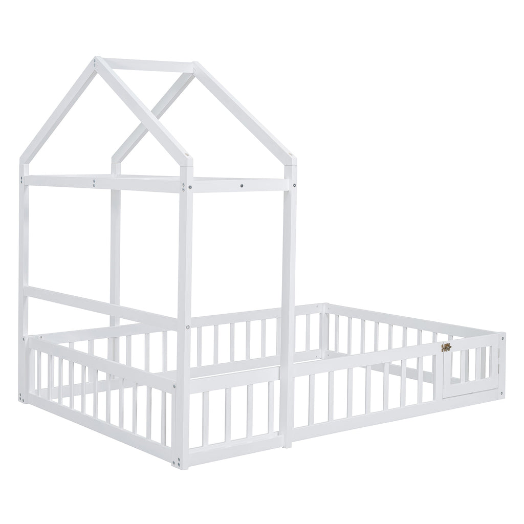 Wooden Full Size Children's Bed with Detachable Headboard and Integrated Clothes Drying Rack, White