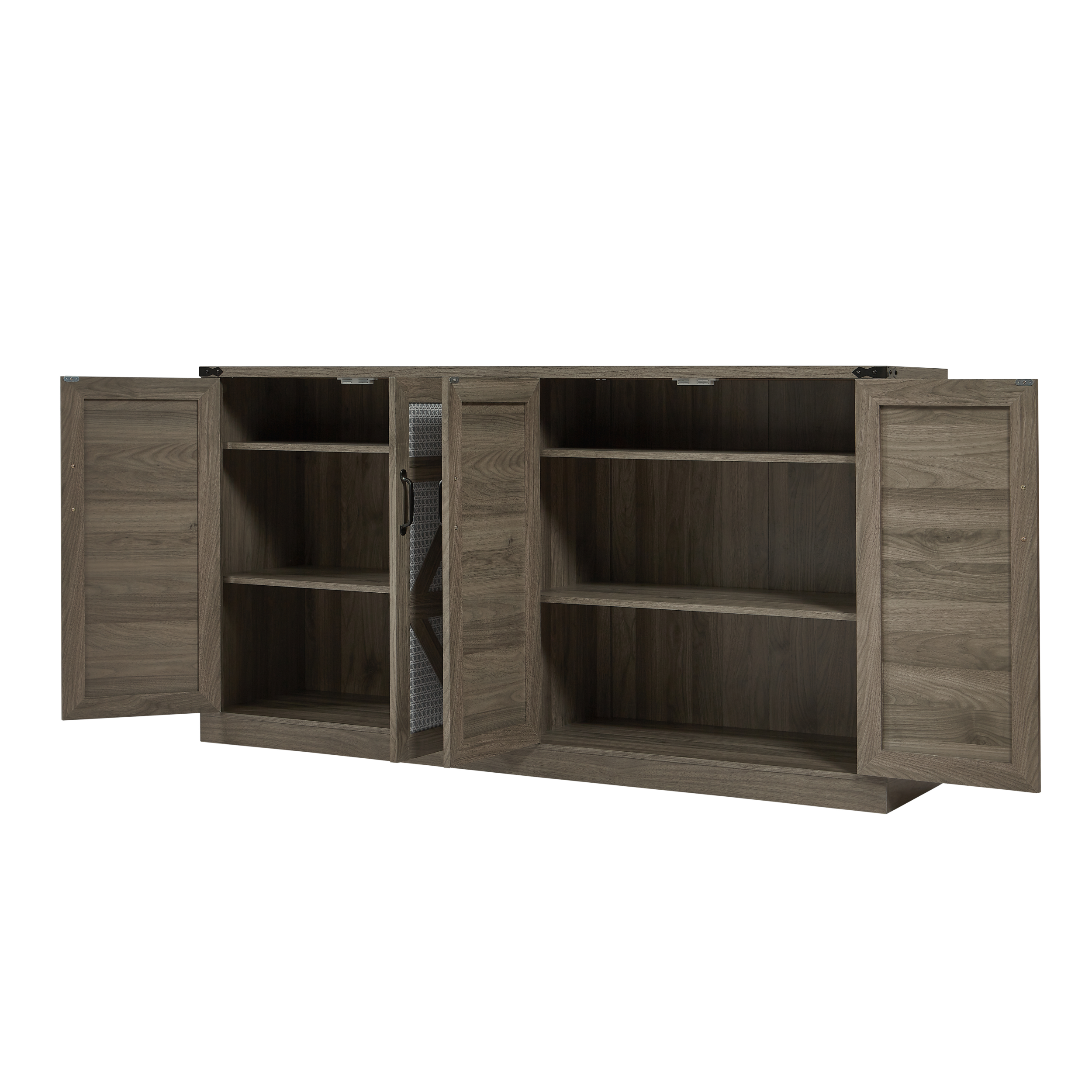 65-Inch Slate Gray Faux Rattan Sideboard with Barn Doors Rustic Sideboard, 4-Door Storage for Living Room, Entryway, Bedroom