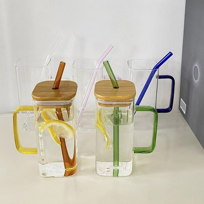 Square colored handle cup glass straw cup with lid milk tea cup with large capacity