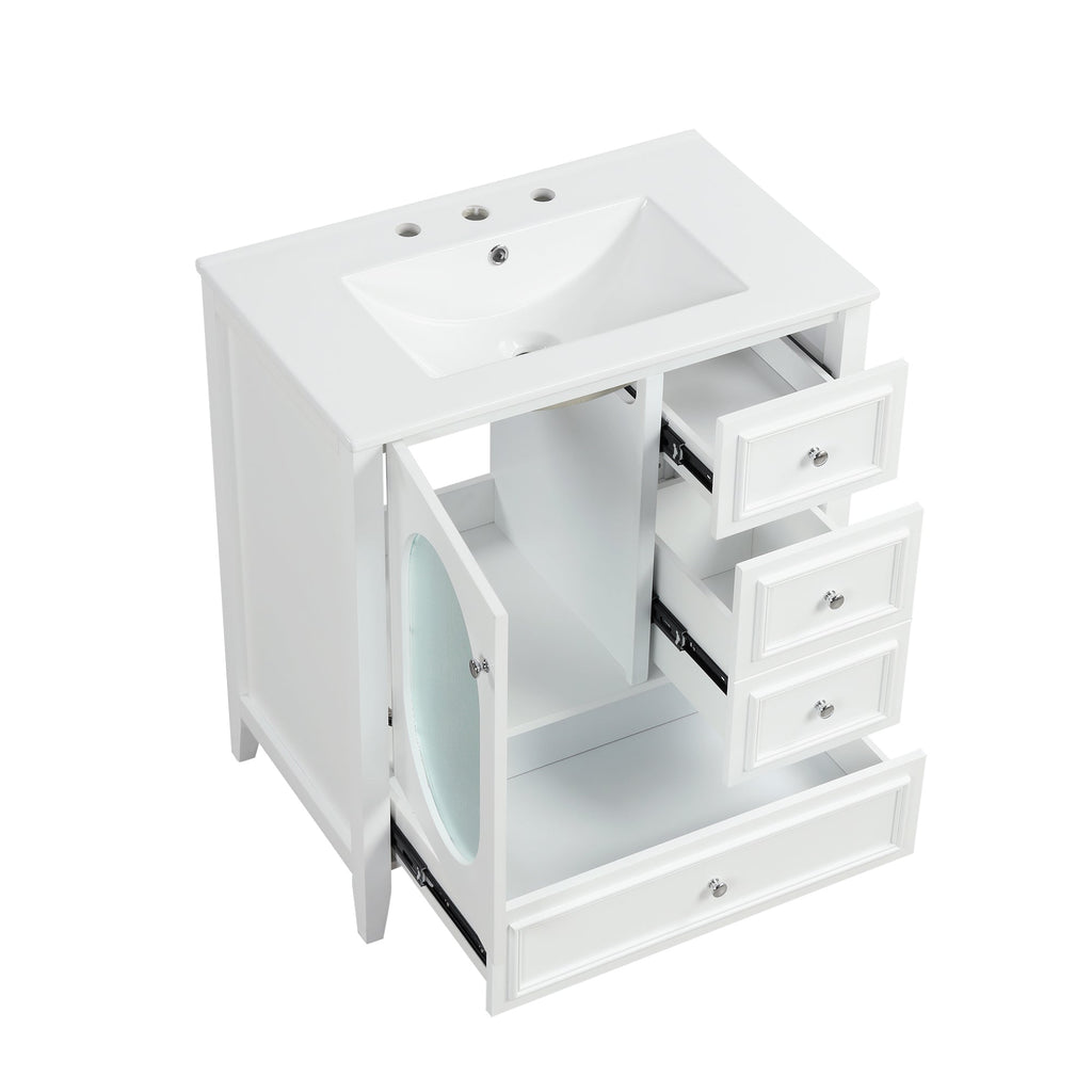 30" Bathroom Vanity with Sink, Bathroom Vanity Cabinet with Three Drawers and Door, Solid Wood and MDF, White