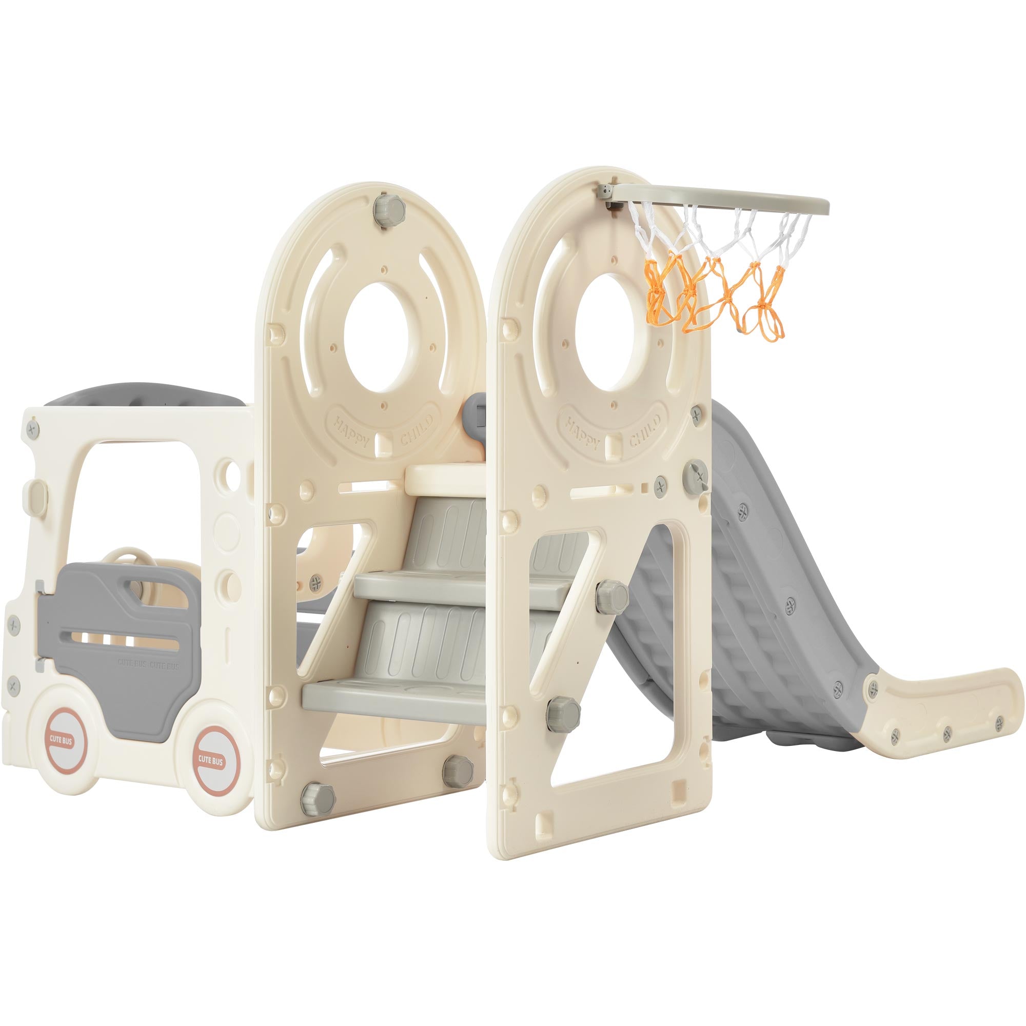 Kids Slide with Bus Play Structure Freestanding Bus Toy with Slide for Toddlers Bus Slide Set with Basketball Hoop