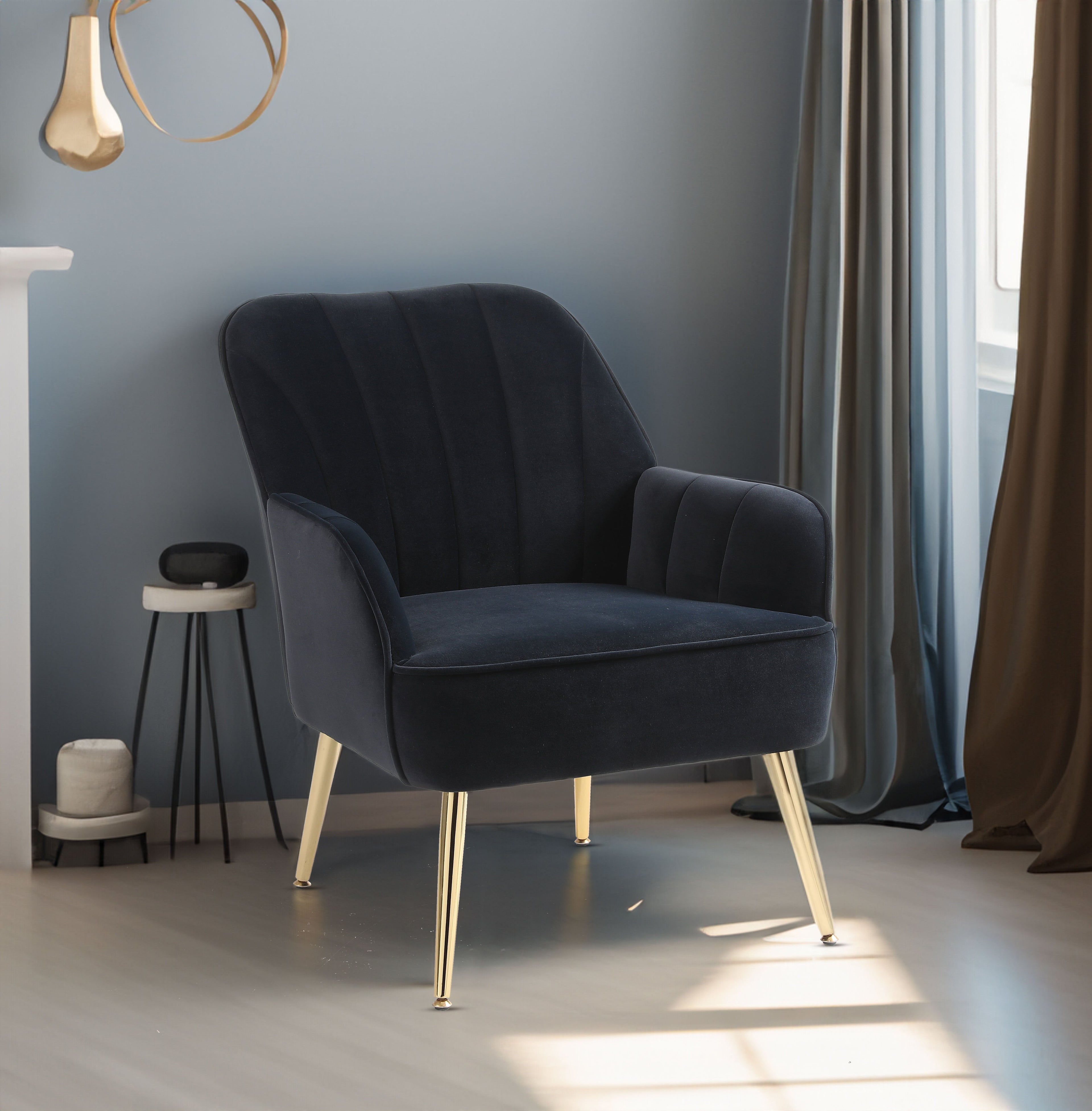 Modern Mid Century Chair velvet Sherpa Armchair for Living Room Bedroom Office Easy Assemble(NAVY)