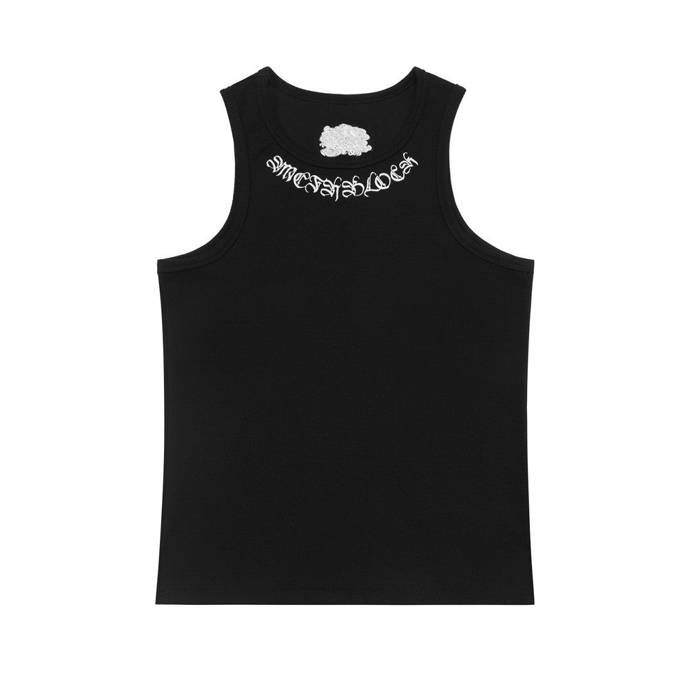 Gothic Letter Embroidery Ribbed Tank Top Men's Sports Fitted Casual Striped Sleeveless T-Shirt