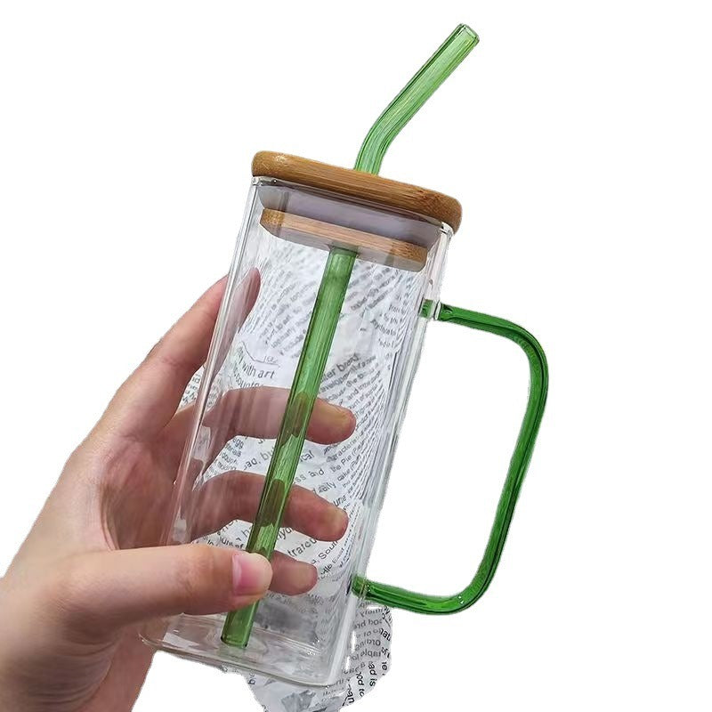 Square colored handle cup glass straw cup with lid milk tea cup with large capacity