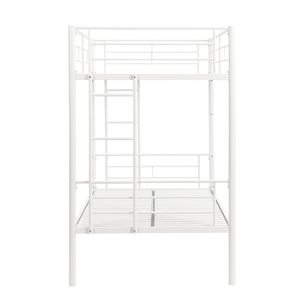 Twin metal bunk beds, metal structure bed frame with safety guardrails and 2 ladders, convertible bunk beds, white
