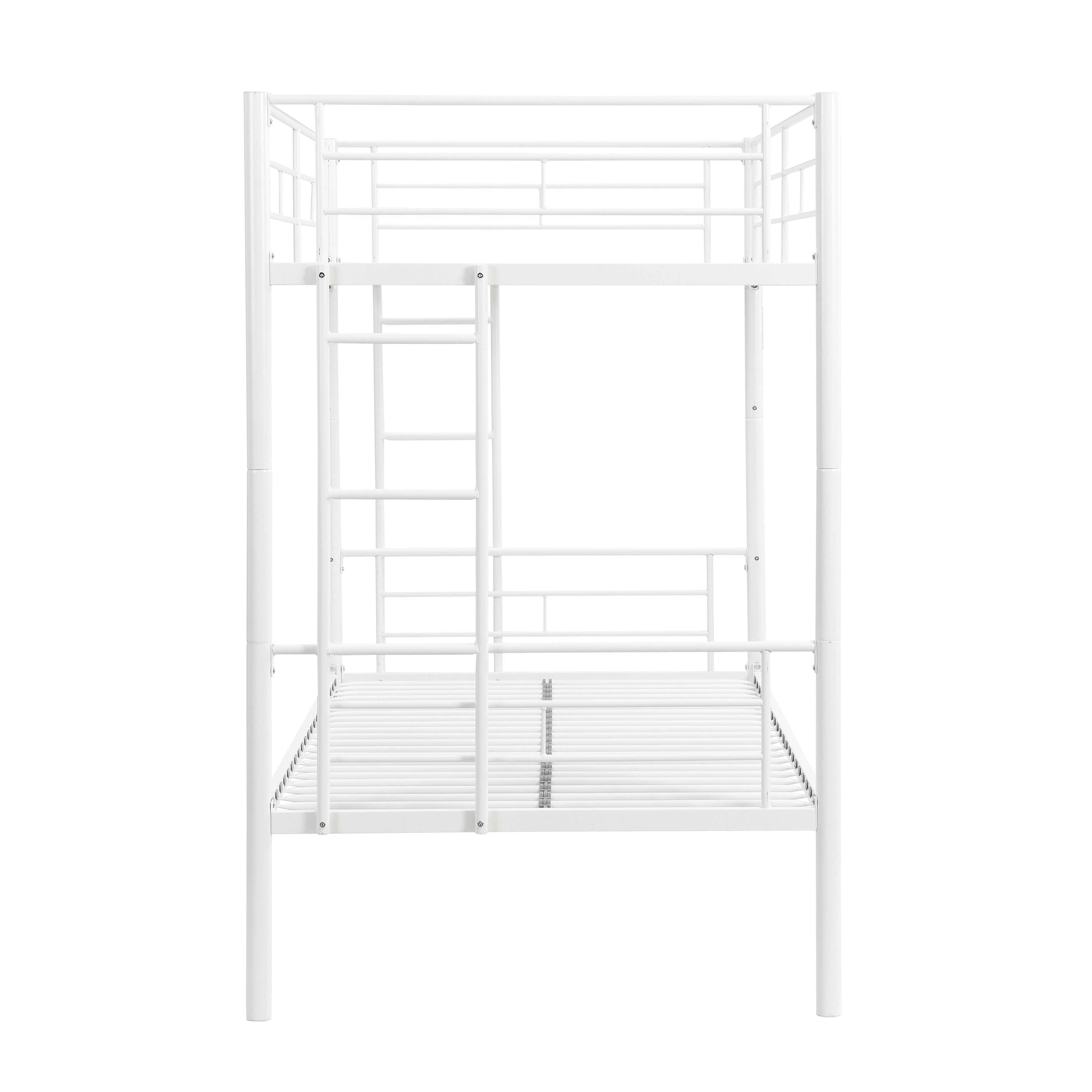 Twin metal bunk beds, metal structure bed frame with safety guardrails and 2 ladders, convertible bunk beds, white