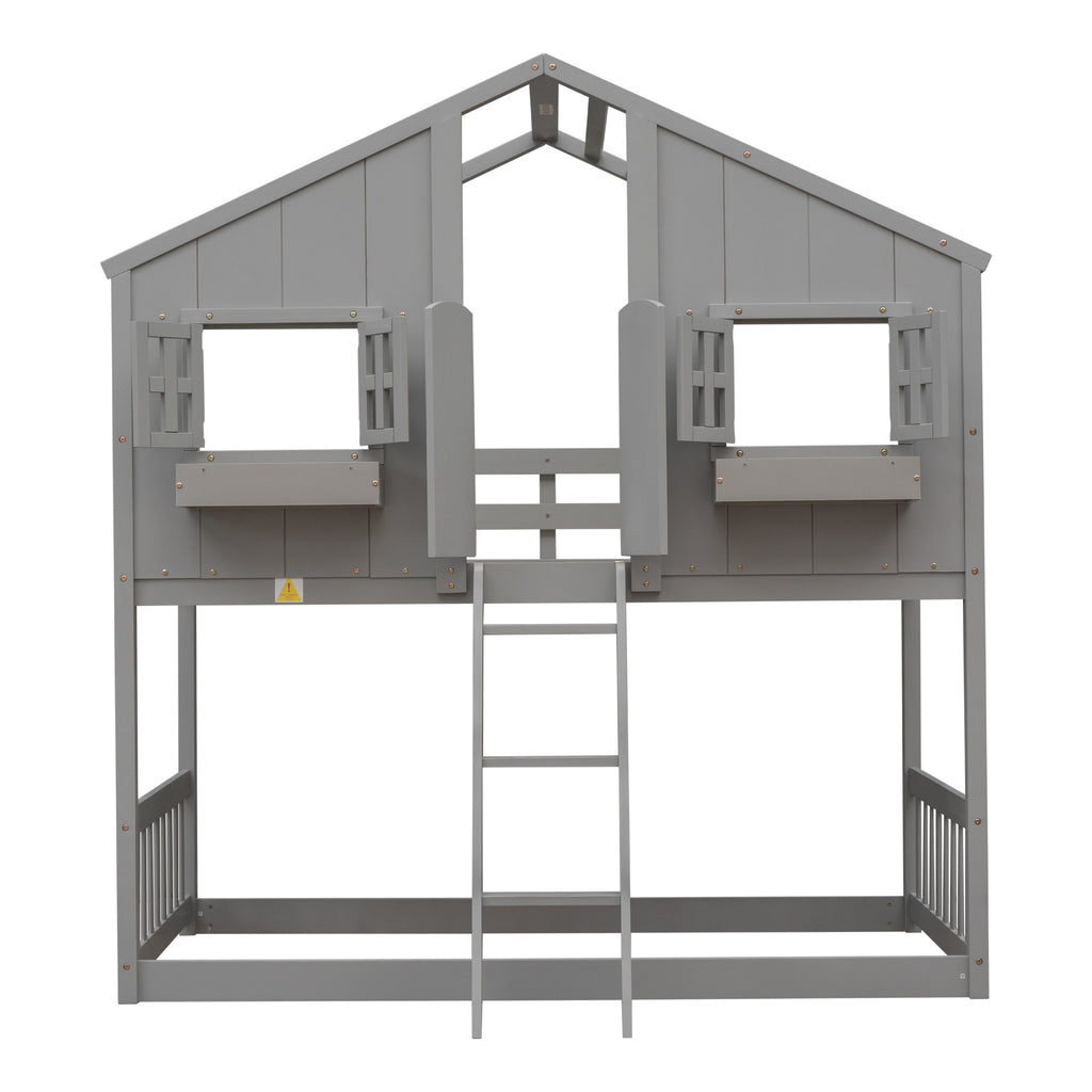Twin over Twin House Bunk Bed with Roof , Window, Window Box, Door , with Safety Guardrails and Ladder, Grey