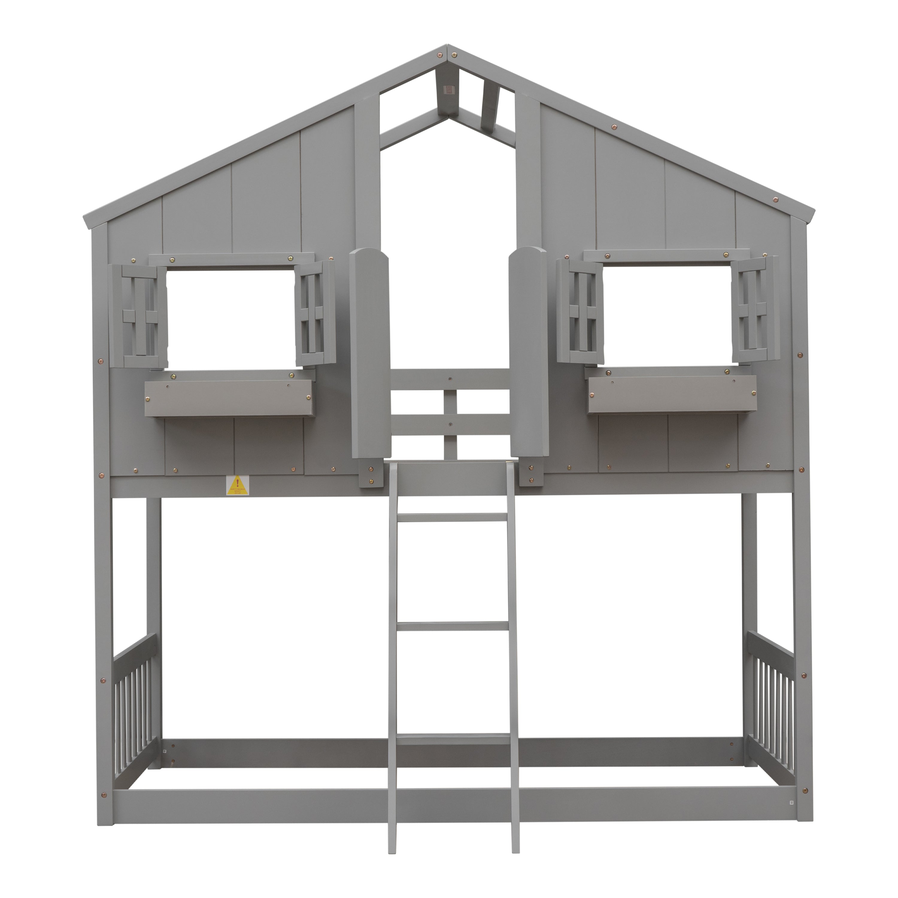 Twin over Twin House Bunk Bed with Roof , Window, Window Box, Door , with Safety Guardrails and Ladder, Grey