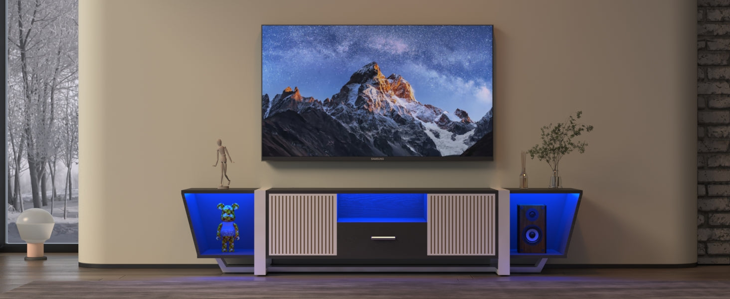 TV console with storage cabinet, dual flat LED TV stand with remote control, multi-mode light with power cord, black