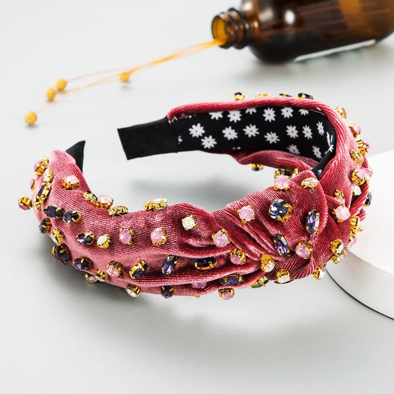 Exaggerated Fashion Hair Bands Female Corduroy Temperament Sweet Hair Ornaments Wide Side Knotted With Diamonds Headband
