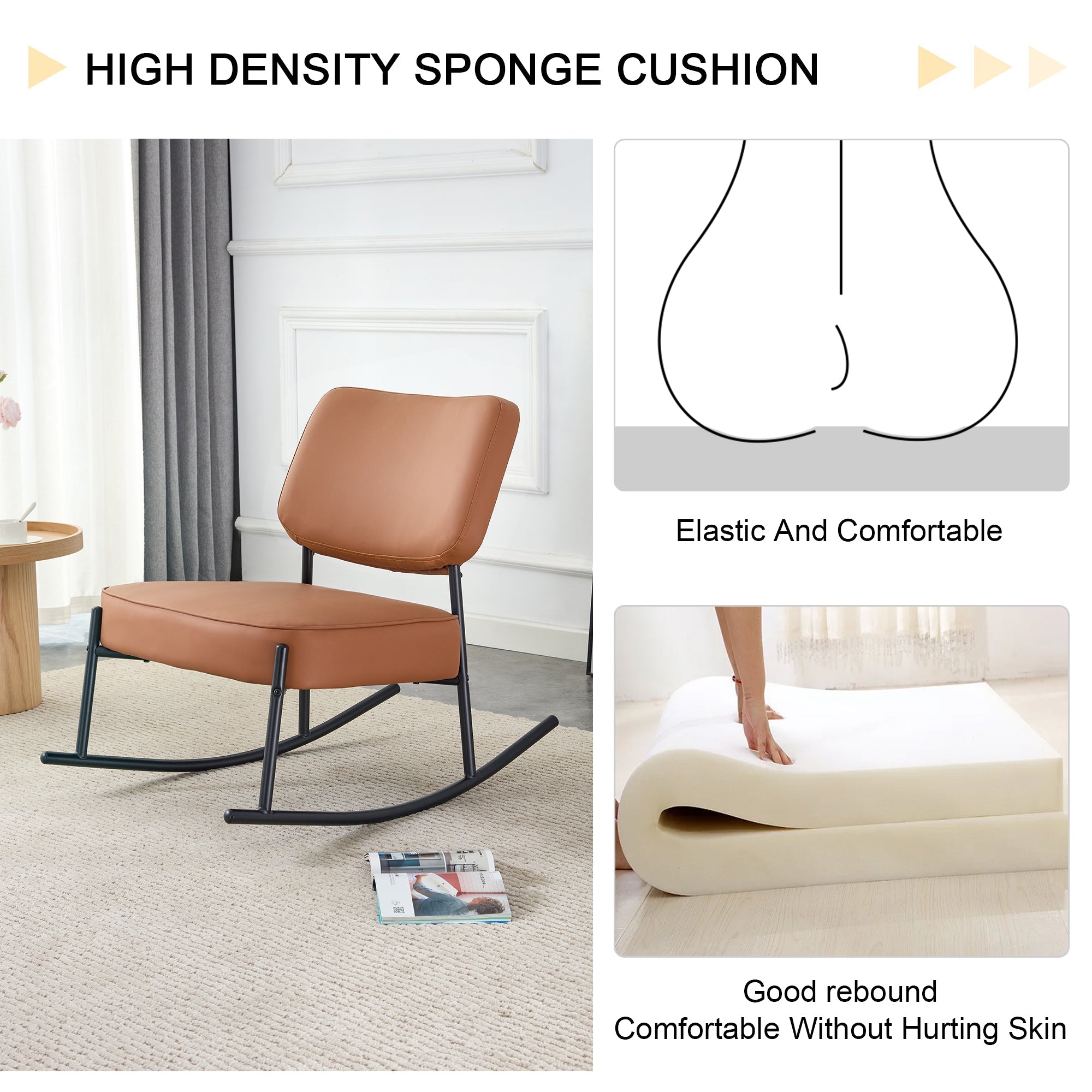 PU material cushioned rocking chair unique rocking chair cushioned seat brown backrest rocking chair black metal legs