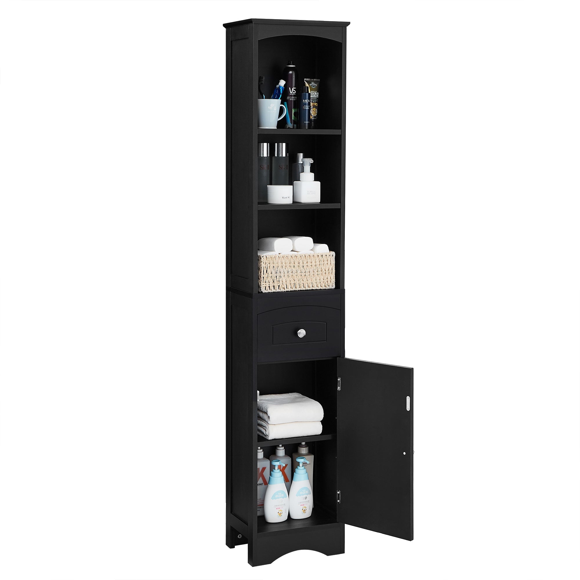 Tall Bathroom Cabinet, Freestanding Storage Cabinet with Drawer, MDF Board, Adjustable Shelf, Black