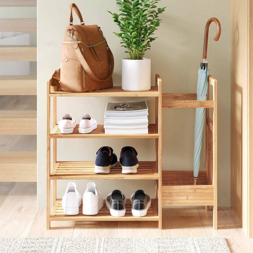 2-Shelf Entryway Shoe Rack Bench with Bla2-in-1 Entryway 4-Shelf Bamboo Shoe Rack and Umbrella Holderck Metal Frame and Brown Wood Top