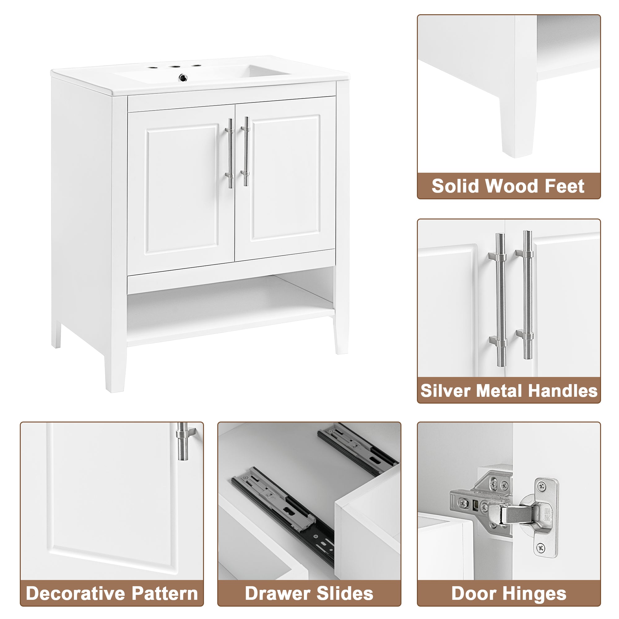 30" Bathroom Vanity with Sink  Multi-functional Bathroom Cabinet with Doors and Drawers Solid Frame and MDF Board, White