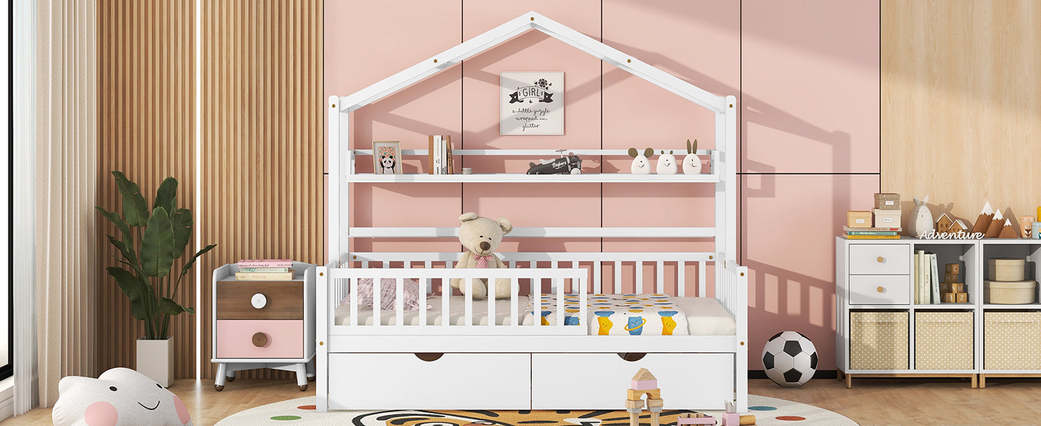 Wooden Twin Size House Bed with 2 Drawers Kids Bed with Storage Shelf White