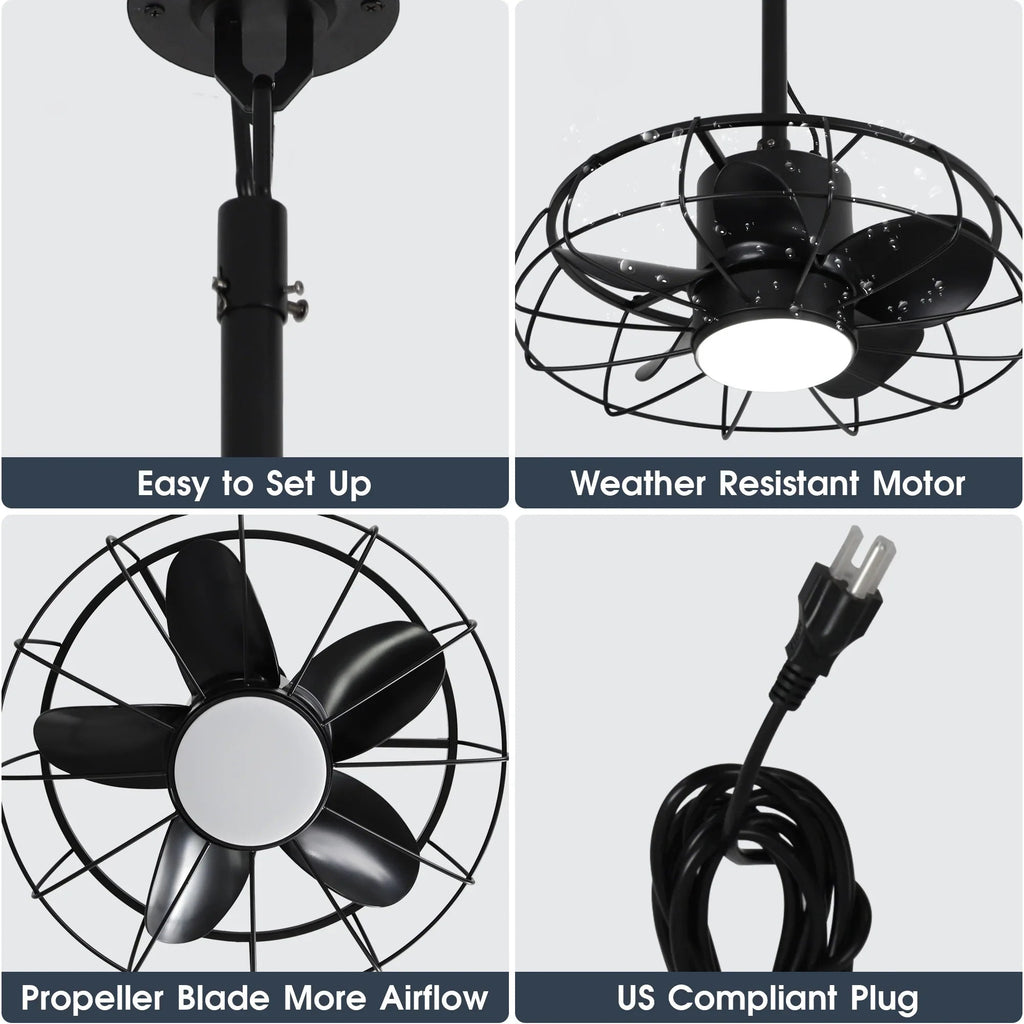 20 Inch Vistula Outdoor DC Motor Black Industrial Hanging Buckle Downrod Ceiling Fan with Light