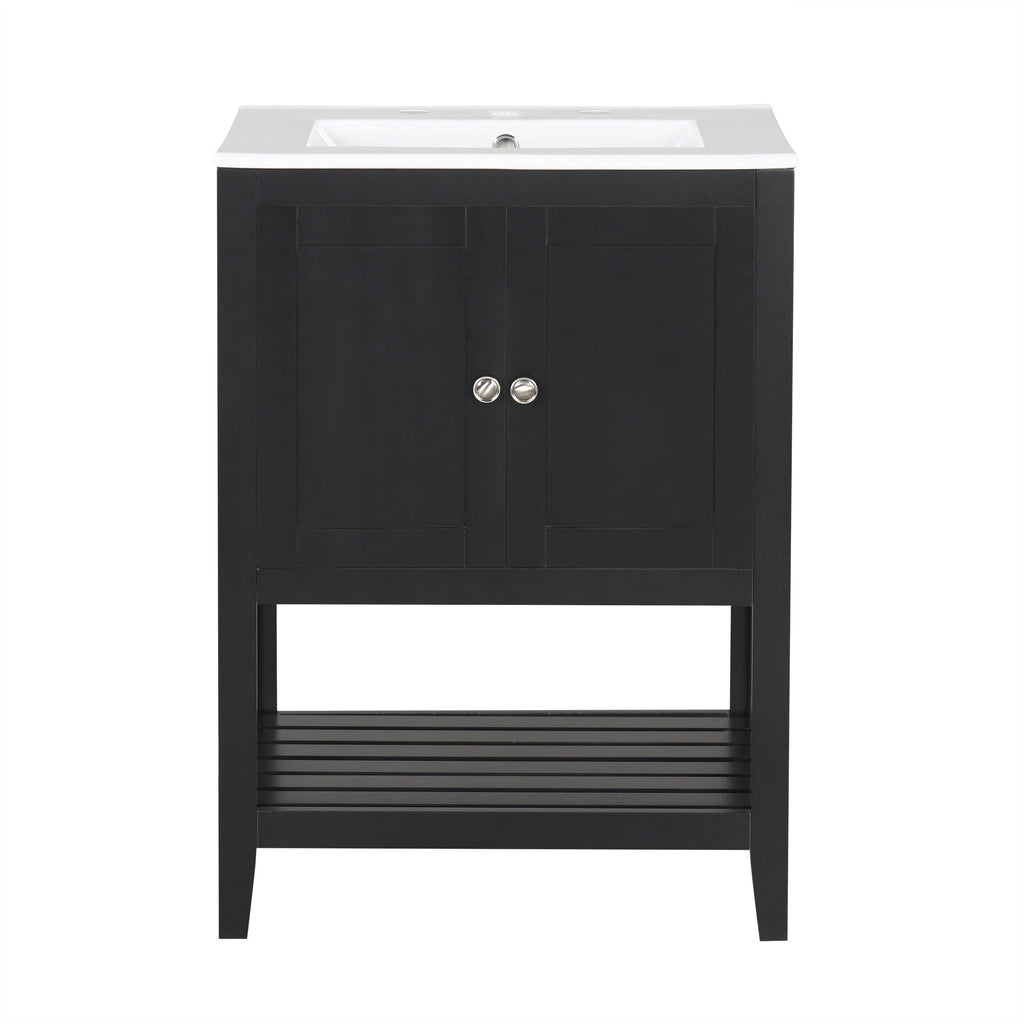 24" Black Modern Sleek Bathroom Vanity Elegant Ceramic Sink with Solid Wood Frame Open Style Shelf