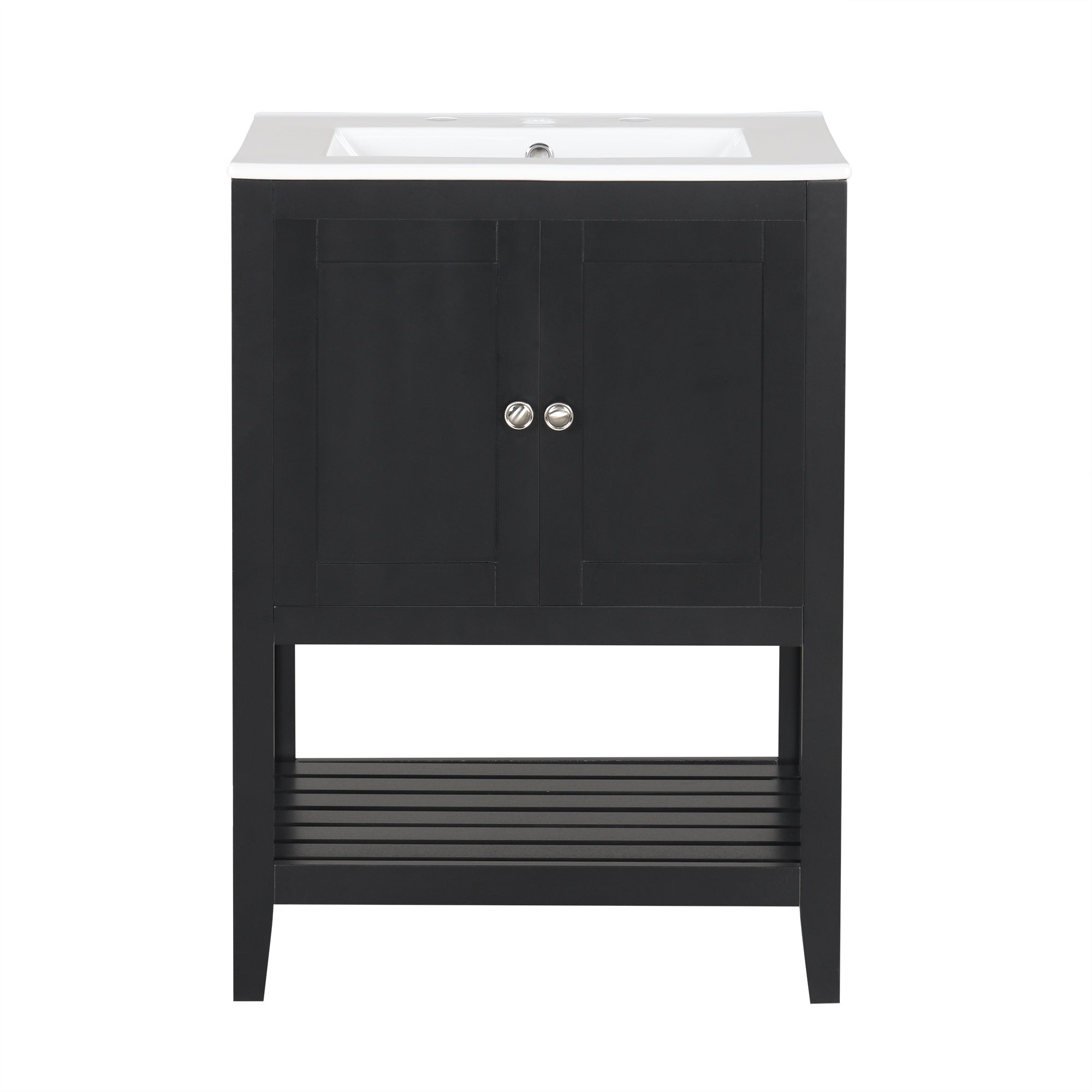 24" Black Modern Sleek Bathroom Vanity Elegant Ceramic Sink with Solid Wood Frame Open Style Shelf