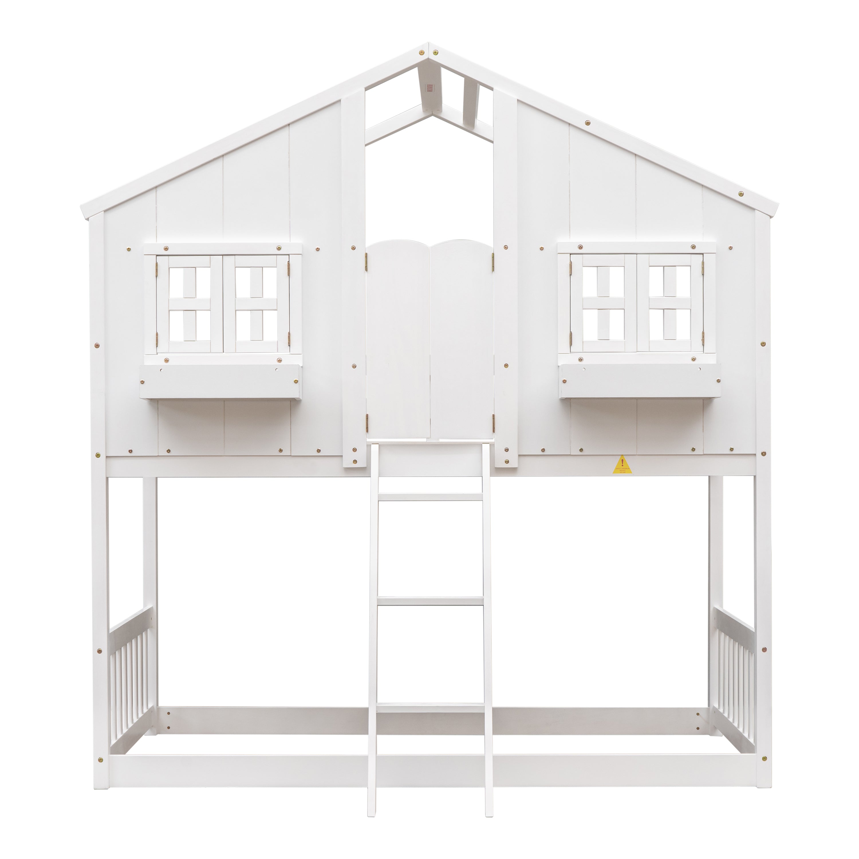 Twin over Twin House Bunk Bed with Roof , Window, Window Box, Door , with Safety Guardrails and Ladder,White