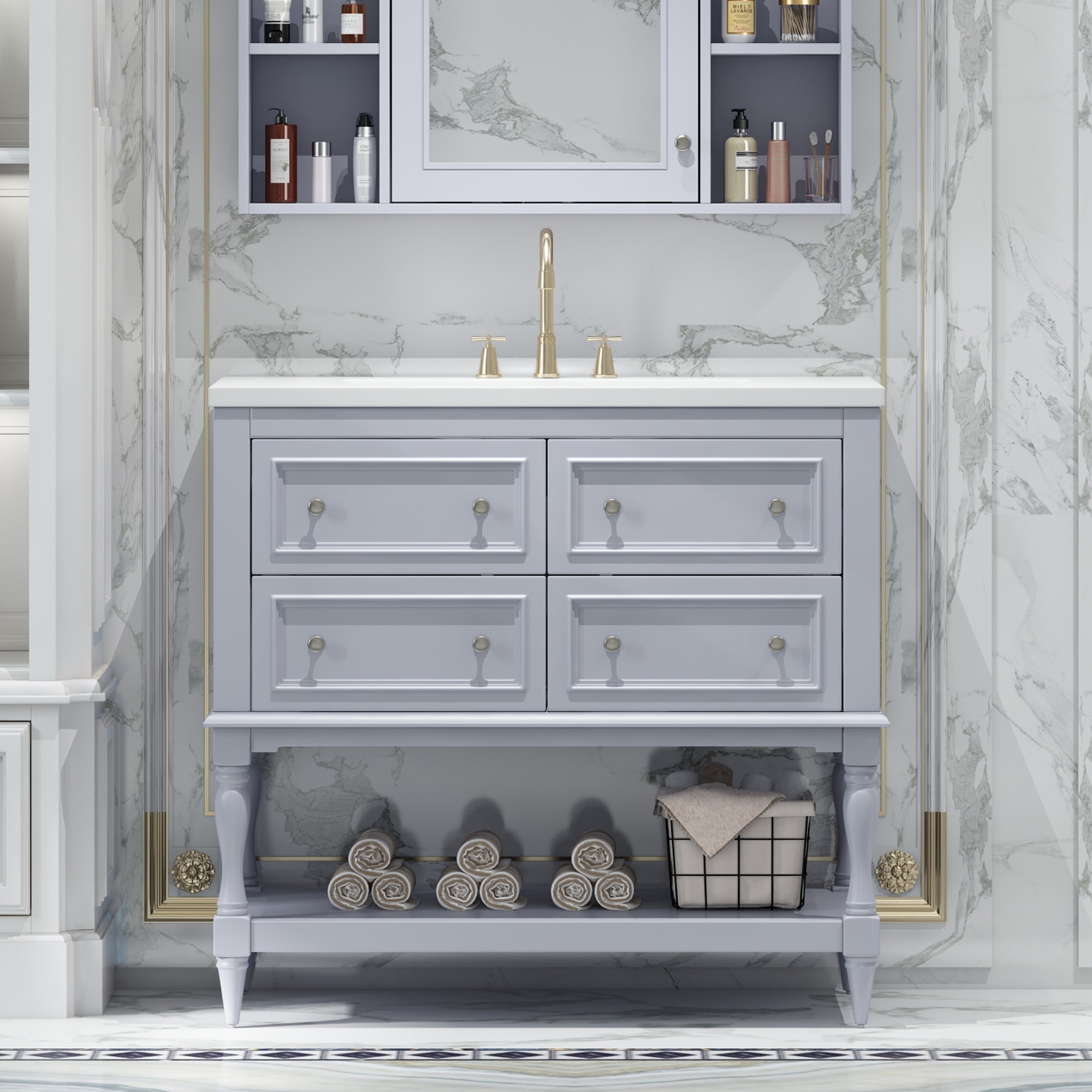 36" Bathroom Vanity Cabinet with Sink Combo Set, Undermount Resin Sink, Free Standing Vanity Set with 4 Drawers Blue