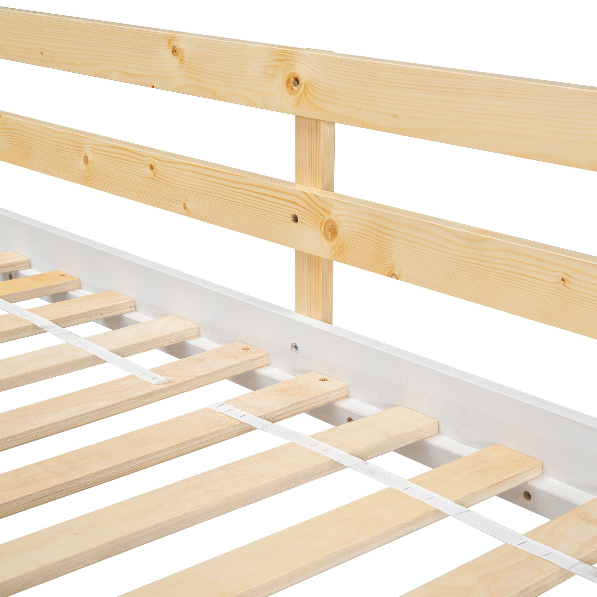Twin over Twin House Bunk Bed with Roof , Window, Window Box, Door , with Safety Guardrails and Ladder, Natural/White