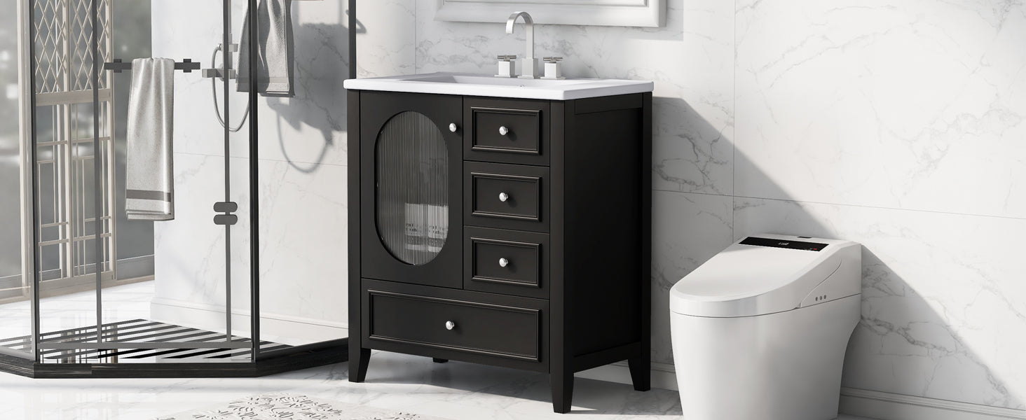 30" Bathroom Vanity with Sink, Bathroom Vanity Cabinet with Three Drawers and Door, Solid Wood and MDF, Black