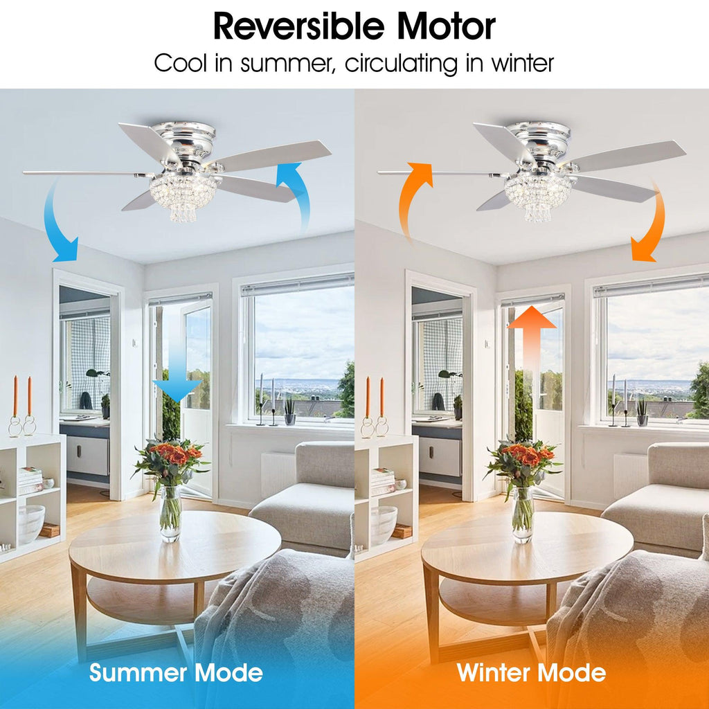 52" Kanpur Modern Chrome Flush Mount Reversible Crystal Ceiling Fan with Lighting and Remote Control