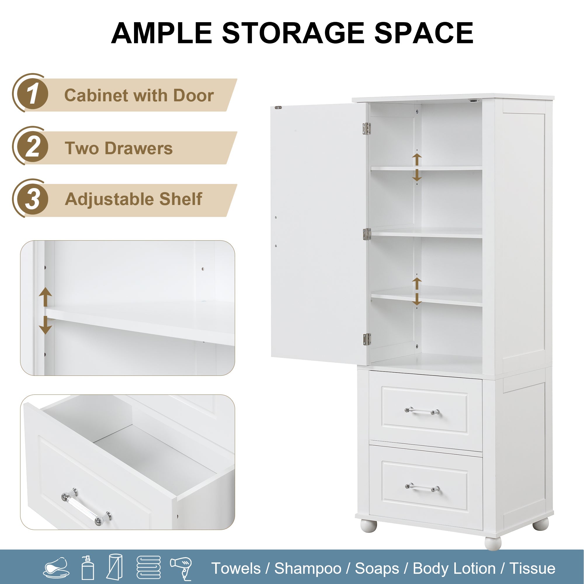 Tall bathroom storage cabinet with two drawers and adjustable shelves for independent storage