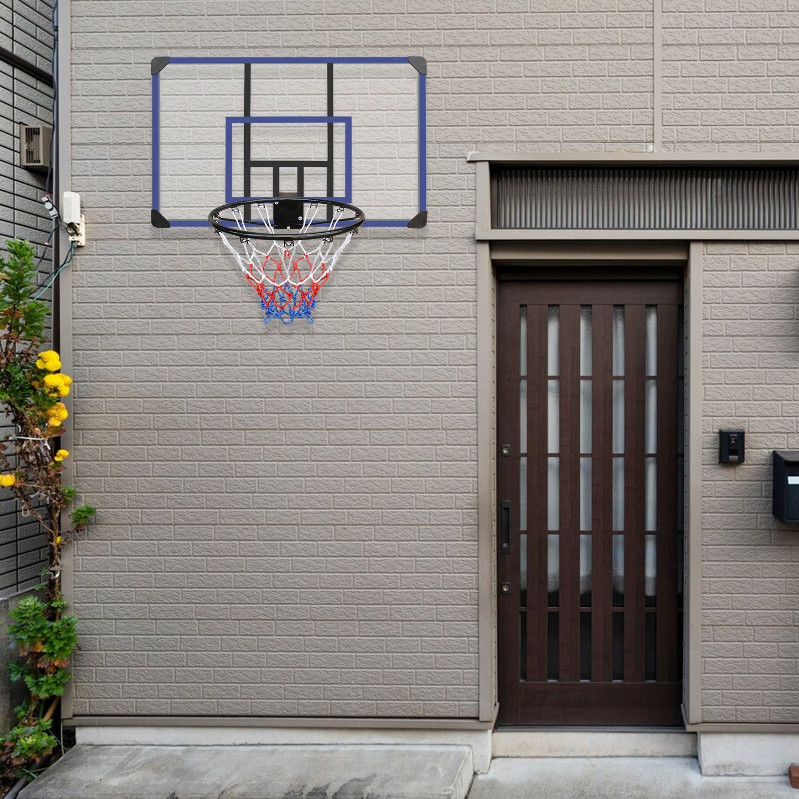 Wall mounted basketball basket, 45 x 29 inch shatterproof back, foldable basketball basket, all-weather mesh fabric