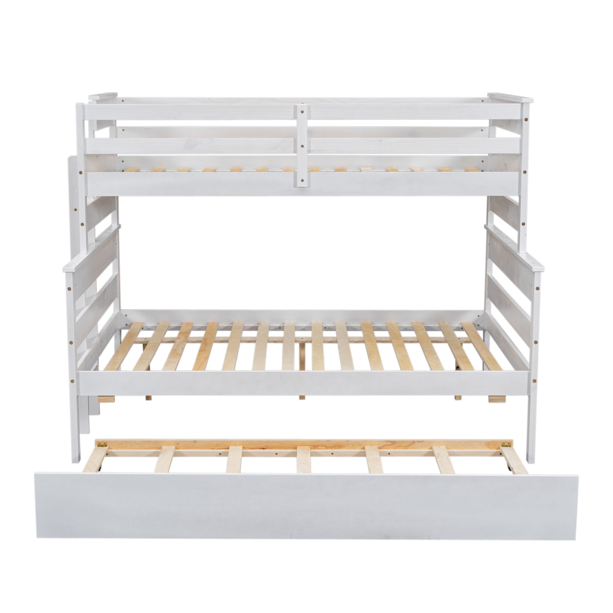 Wood Twin over Full Bunk Bed with Twin Size Trundle  White