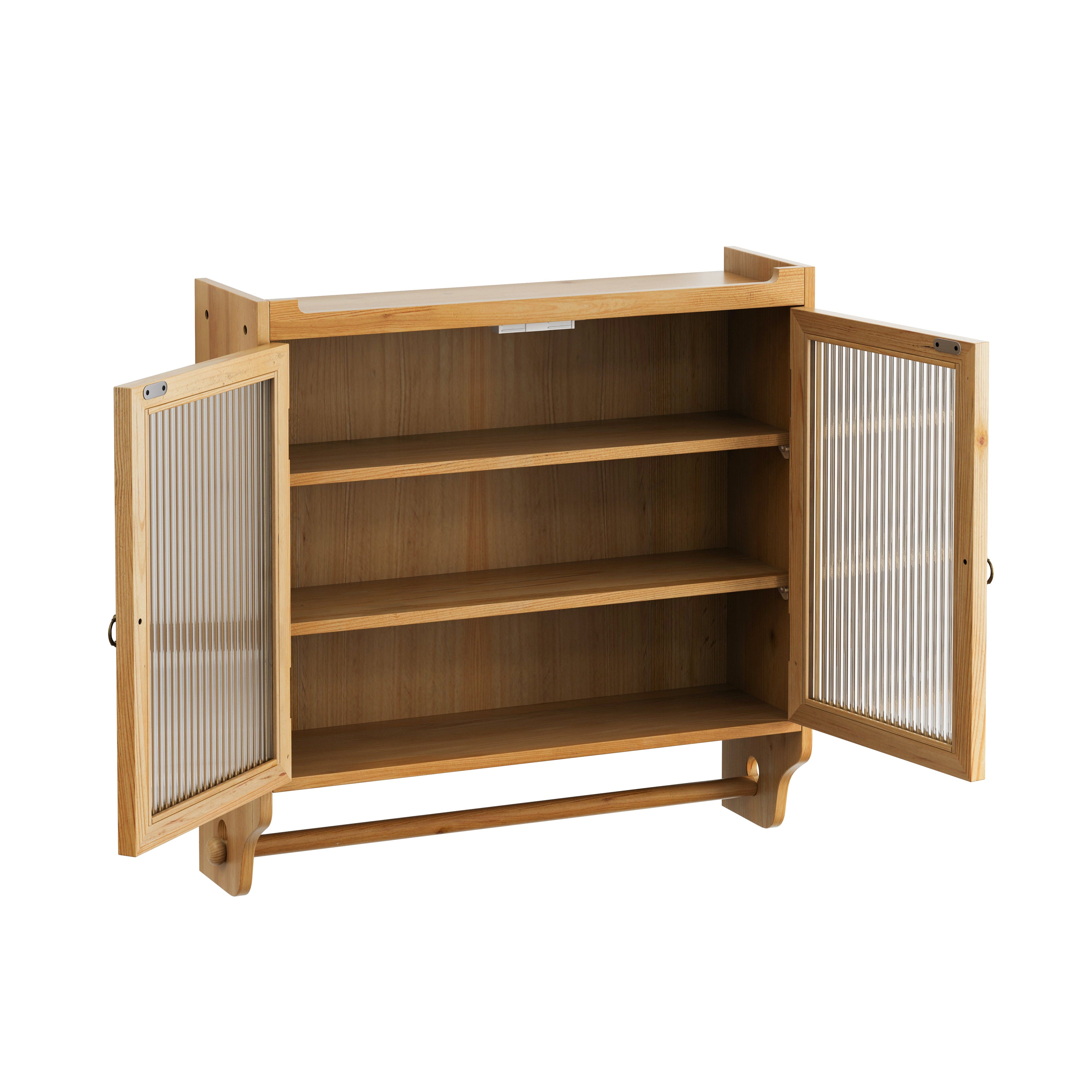 24.8 '' Glass door retro double door wall cabinet with three levels of storage space with towel rack, original wood color
